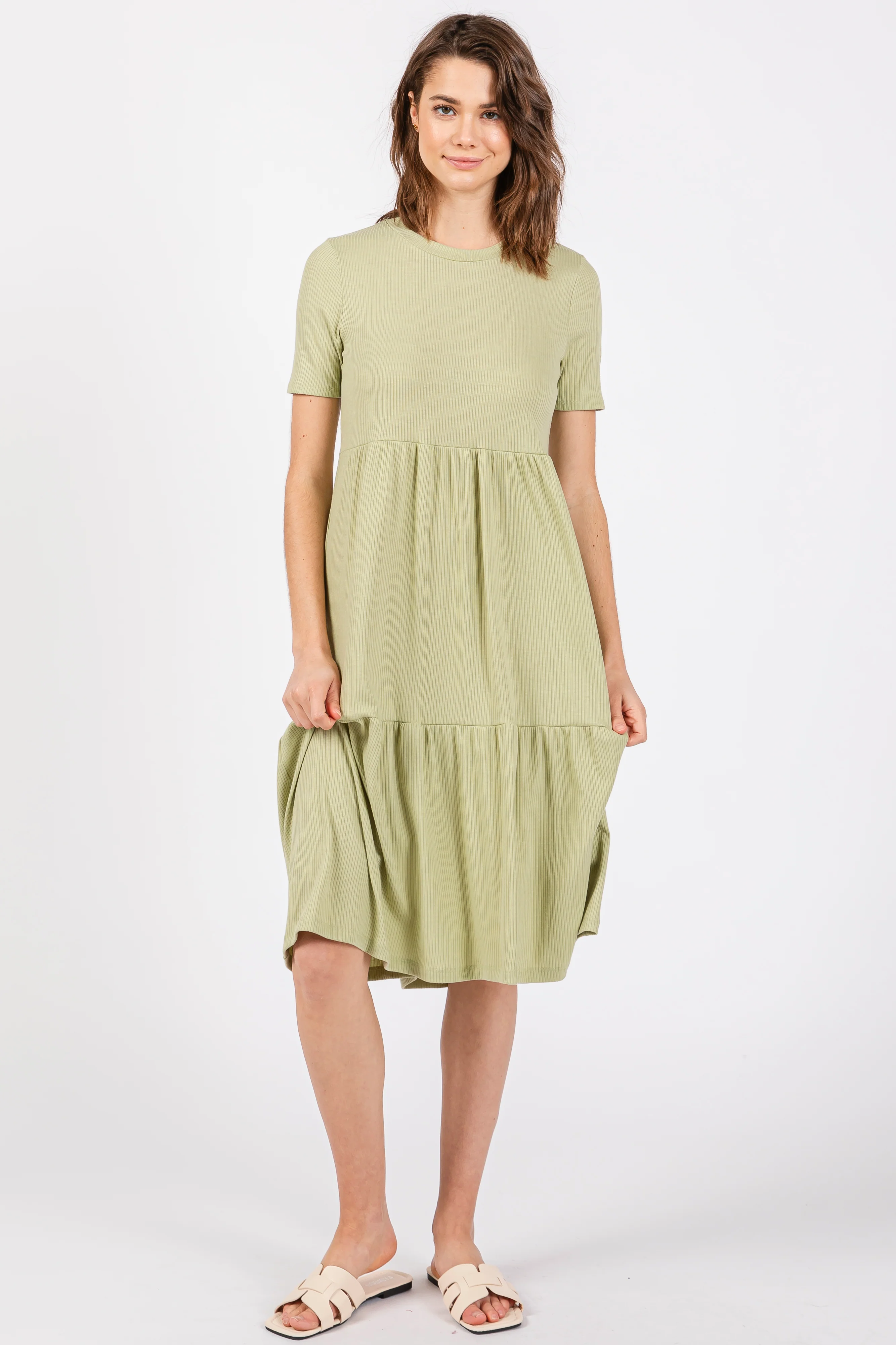 Light Olive Ribbed Tiered Maternity Midi Dress - Image 4