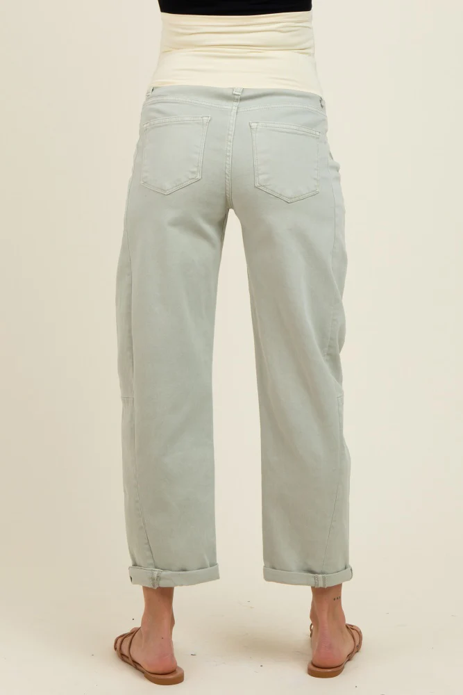 Light Olive Rolled Cuff Barrel Leg Maternity Jeans - Image 5