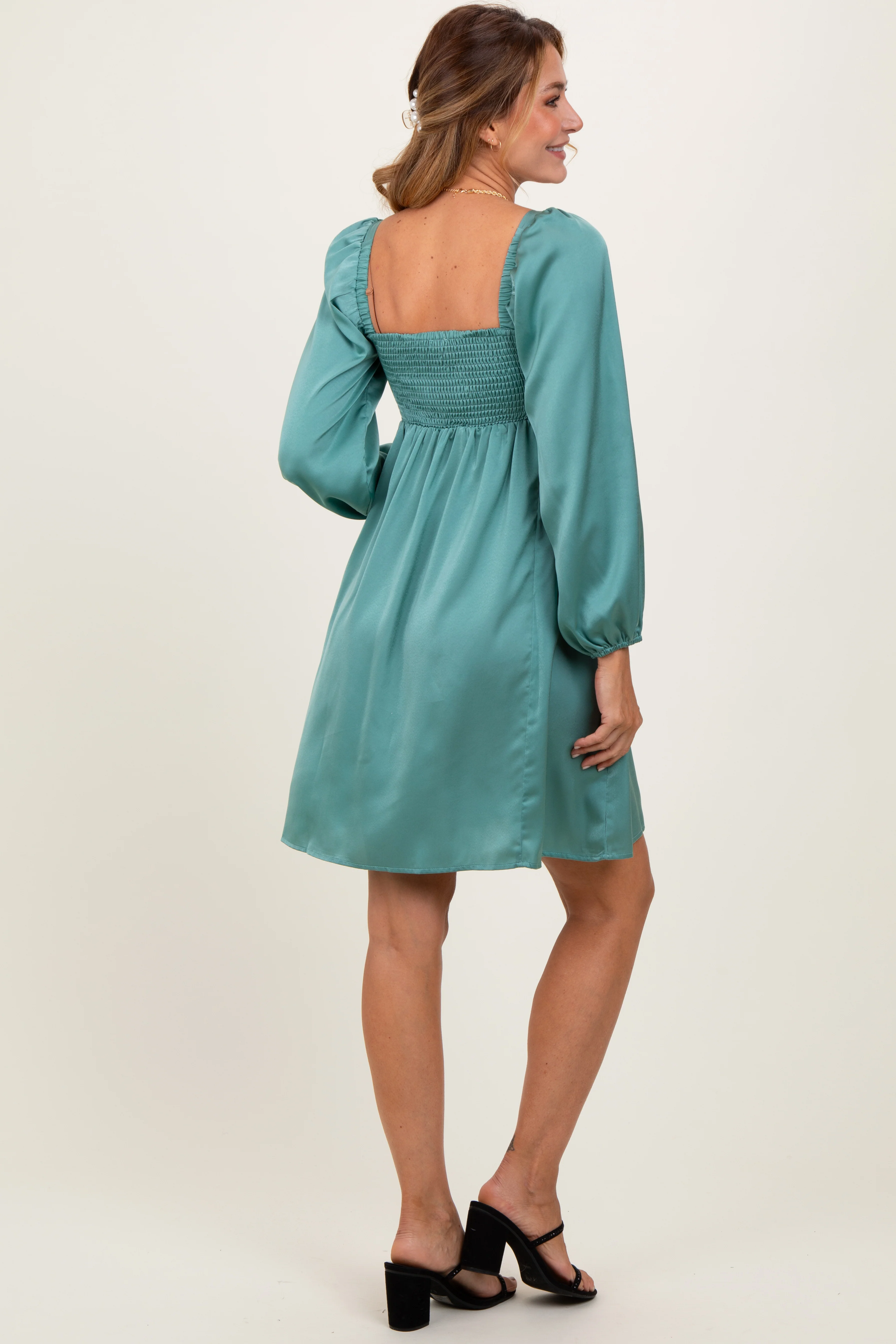 Light Olive Satin Pleated Detail Bodice Dress - Image 4