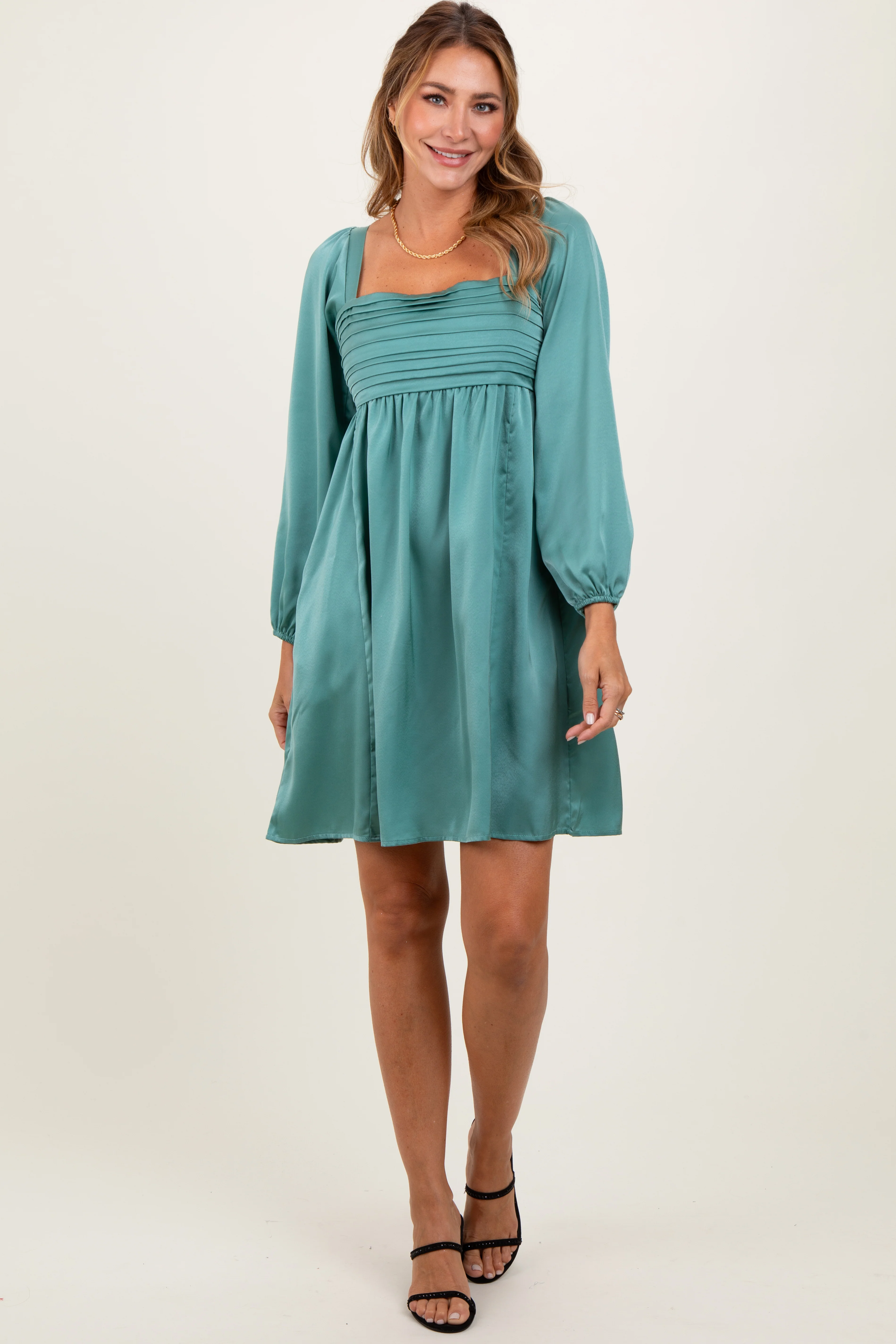 Light Olive Satin Pleated Detail Bodice Maternity Dress - Image 4