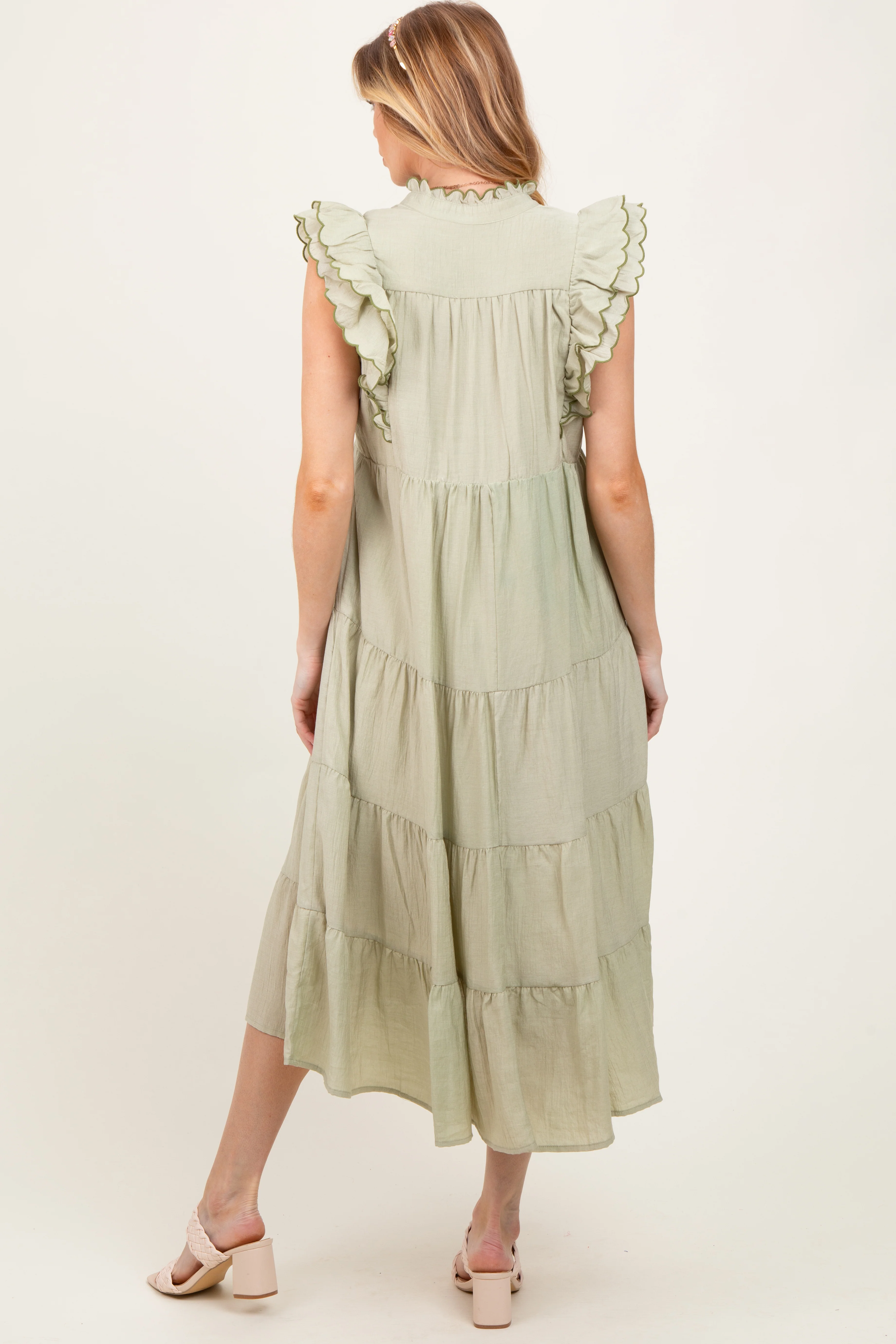 Light Olive Scallop Detail Tiered Maternity Midi Dress - Image 5