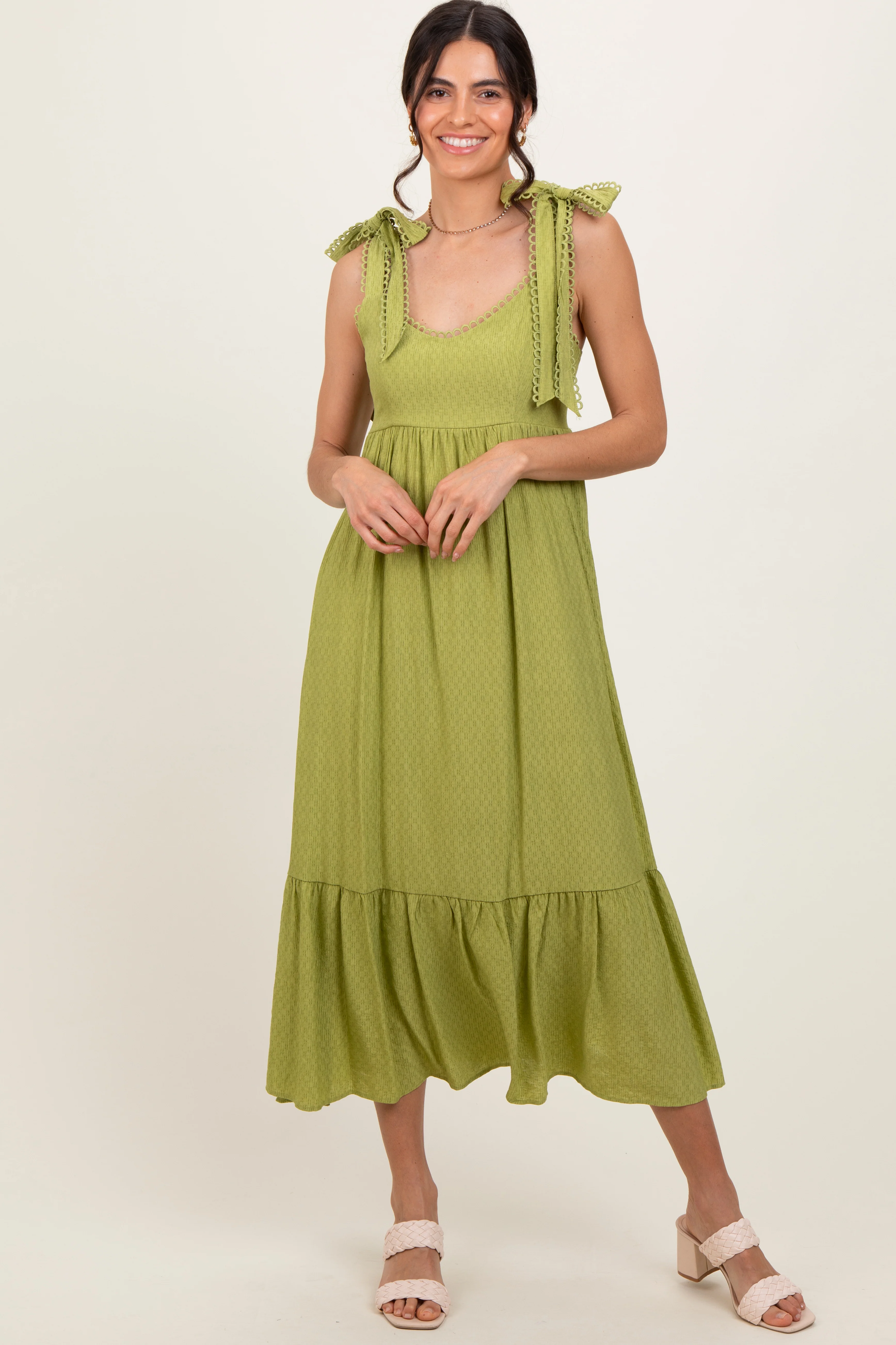 Light Olive Scallop Trim Shoulder Tie Maternity Midi Dress - Image 4