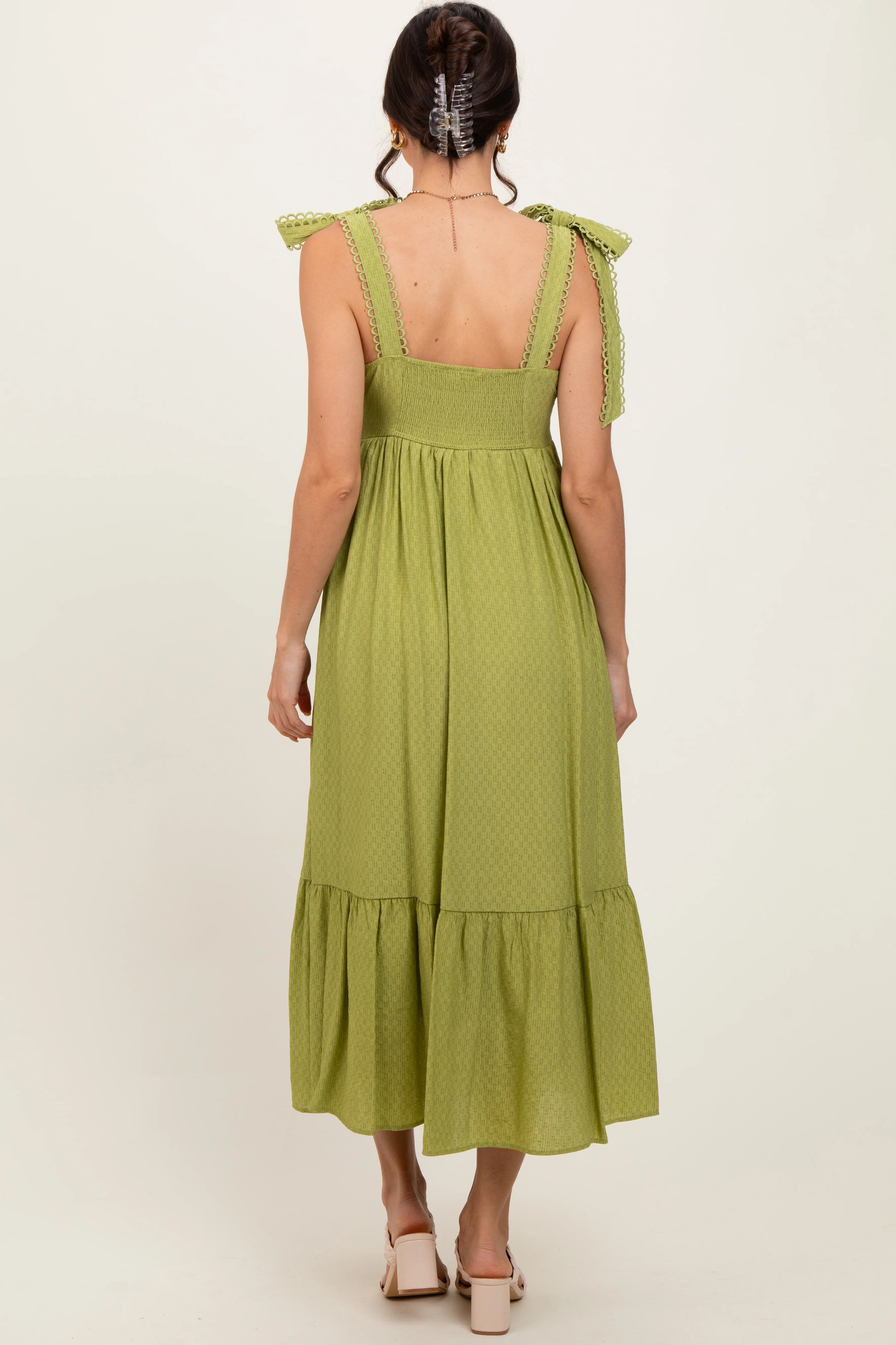 Light Olive Scallop Trim Shoulder Tie Midi Dress - Image 4