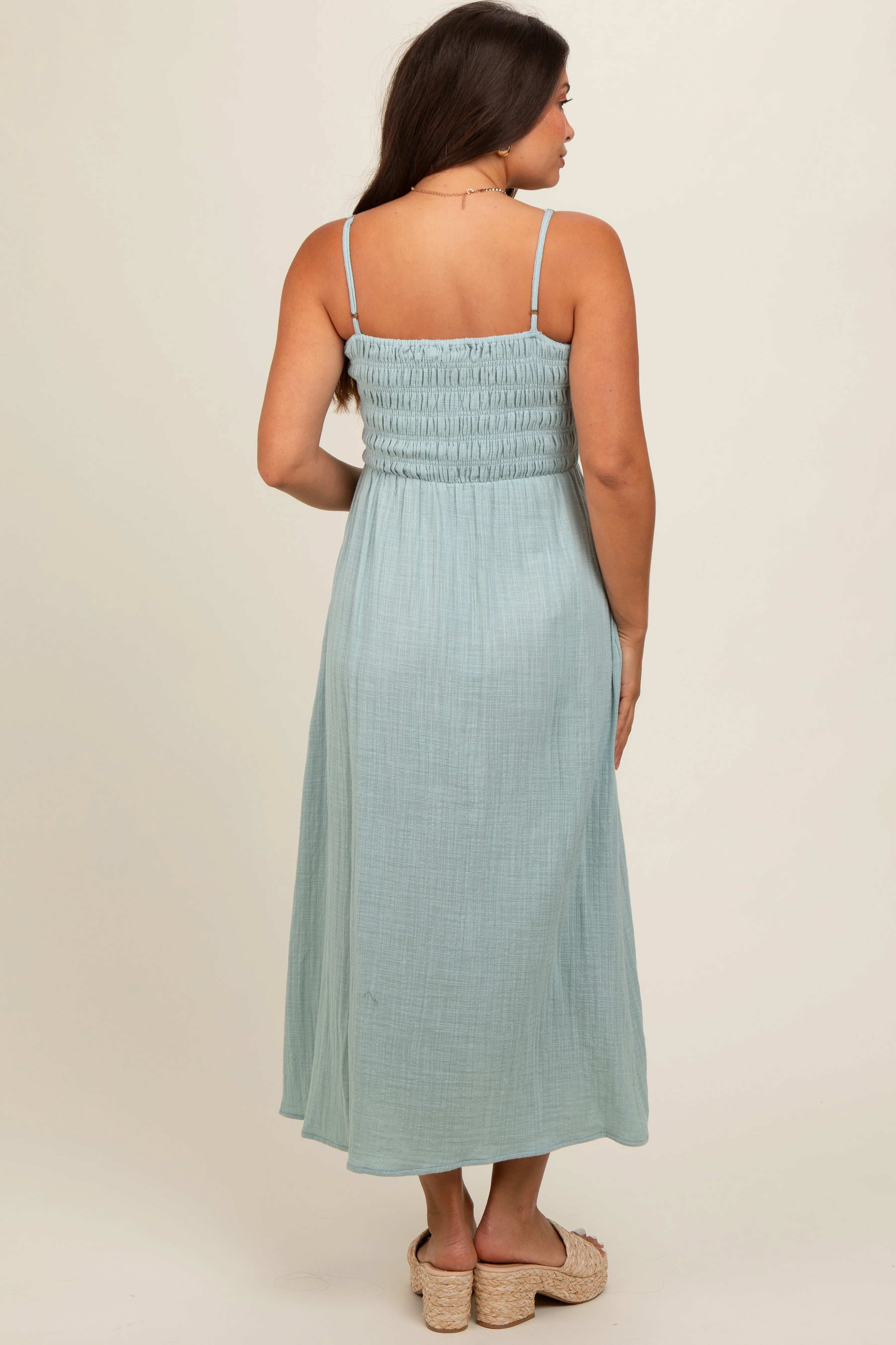 Light Olive Smocked Cotton Gauze Maternity Midi Dress - Image 3