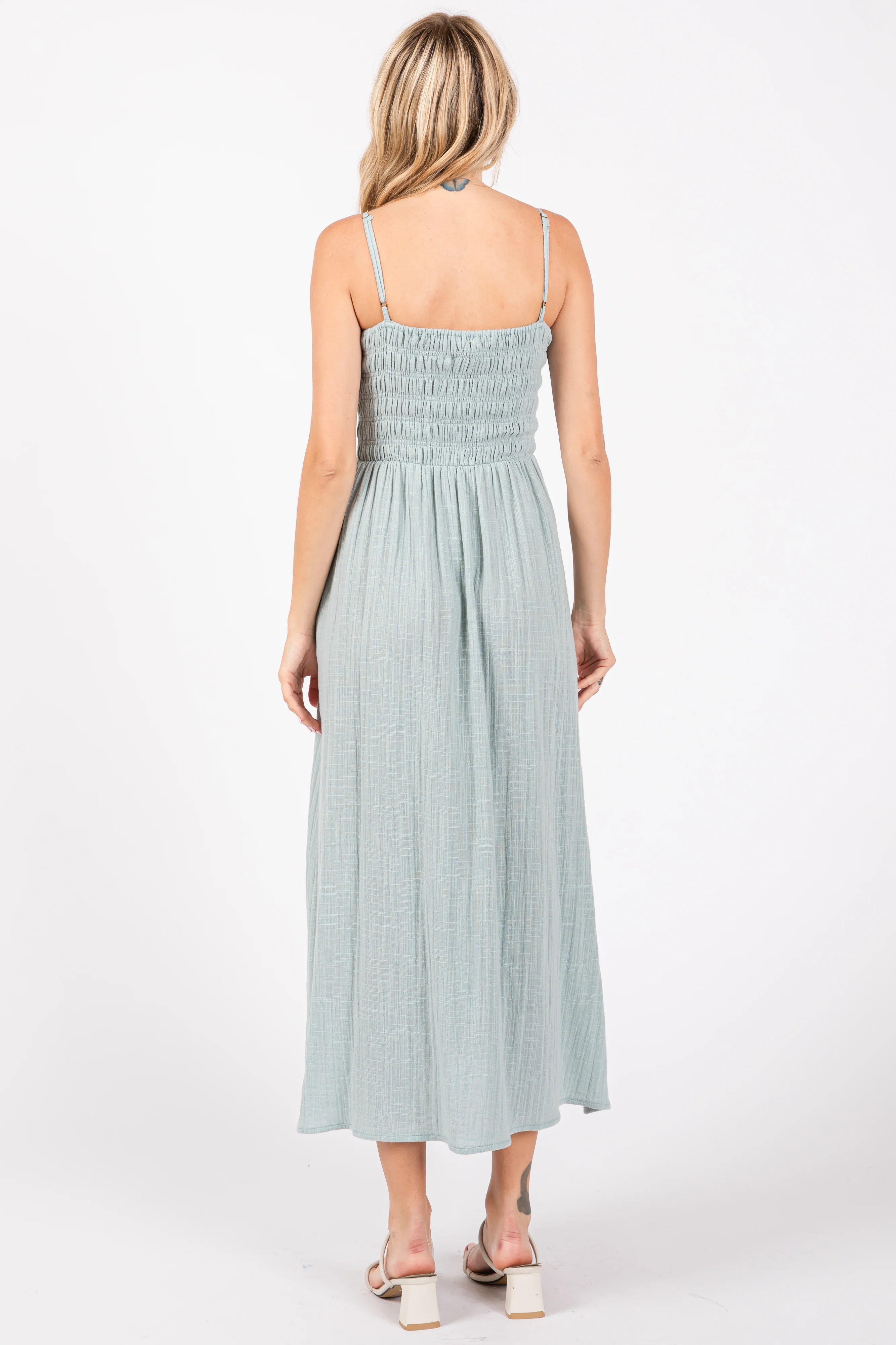 Light Olive Smocked Cotton Gauze Midi Dress - Image 3