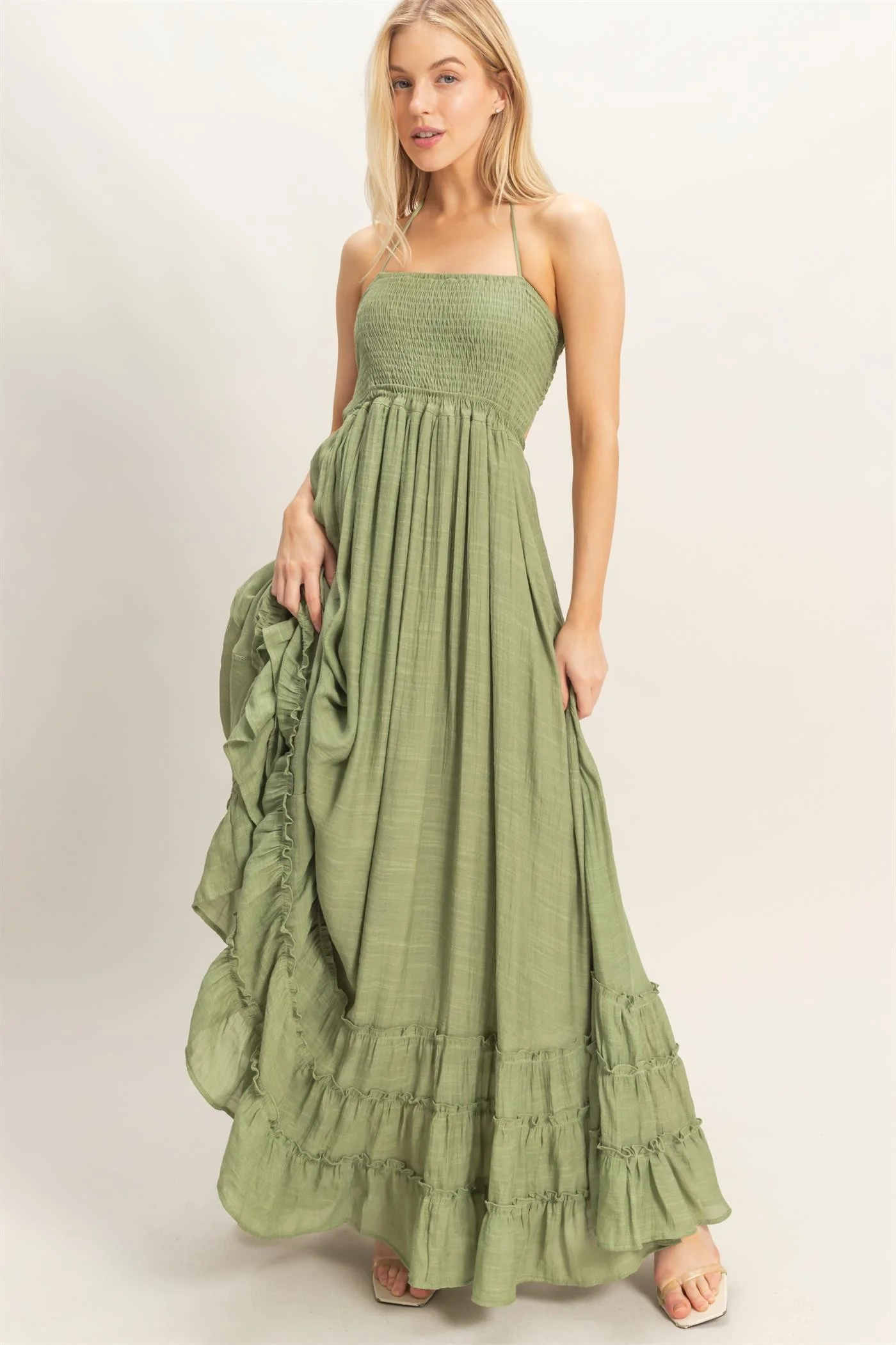 Light Olive Smocked Halter Open Back Maxi Dress - Image 3