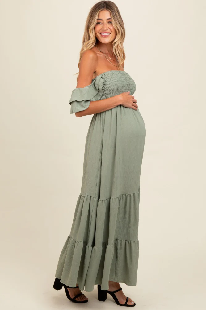 Light Olive Smocked Ruffle Off Shoulder Tiered Maternity Maxi Dress - Image 3