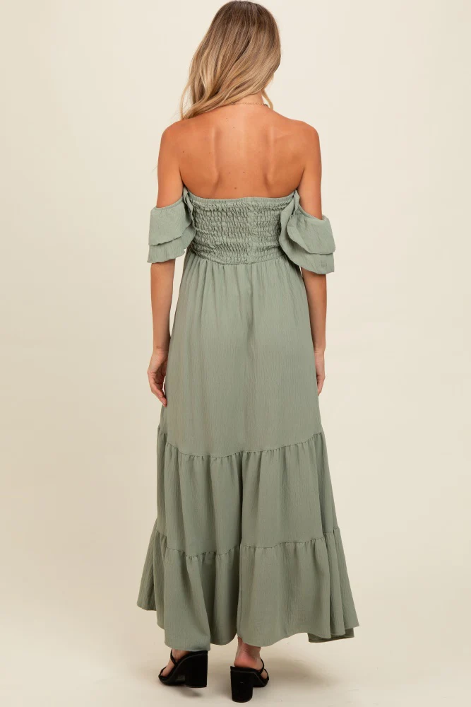Light Olive Smocked Ruffle Off Shoulder Tiered Maternity Maxi Dress - Image 4