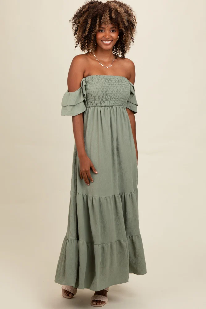 Light Olive Smocked Ruffle Off Shoulder Tiered Maternity Maxi Dress - Image 5