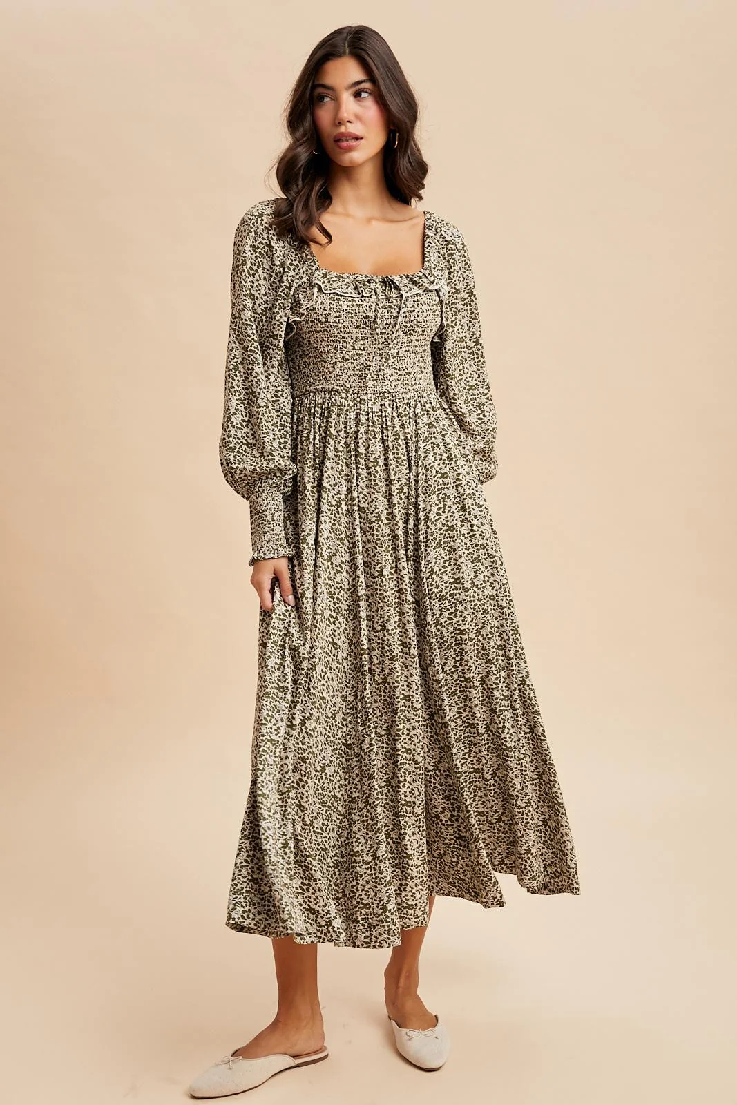 Light Olive Smocked Ruffled Floral Maternity Maxi Dress - Image 4