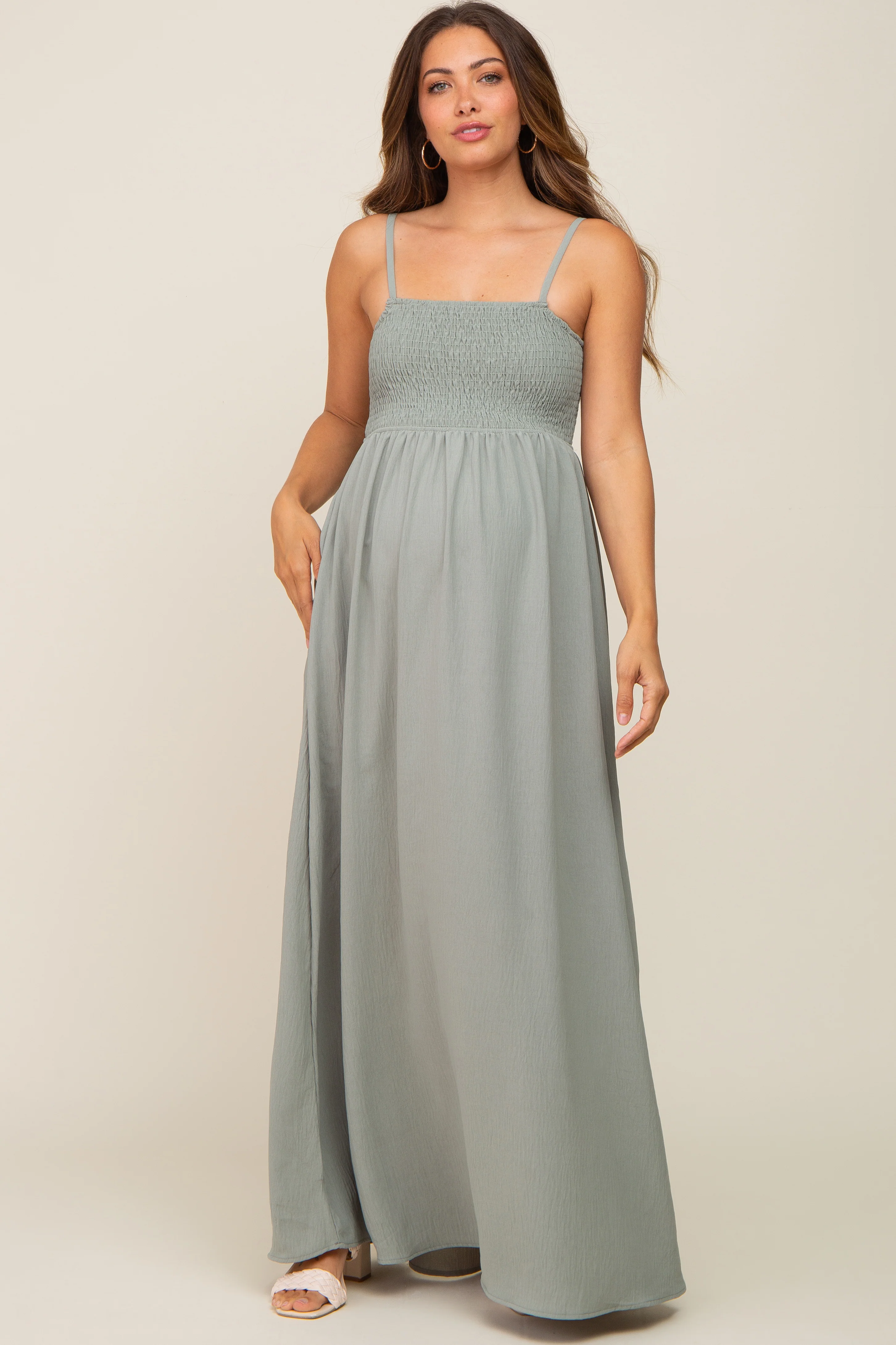 Light Olive Smocked Sleeveless Maternity Maxi Dress - Image 4