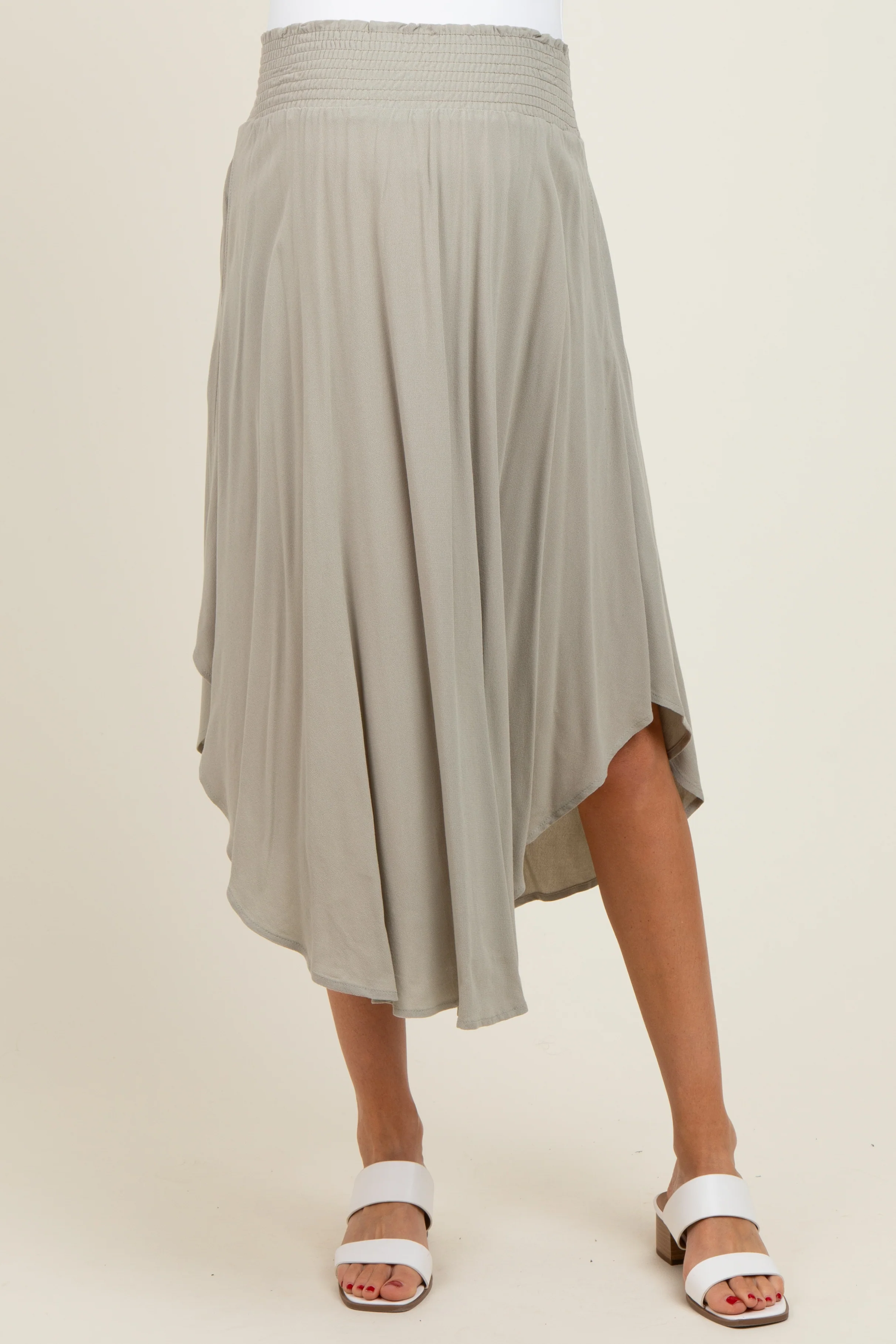Light Olive Smocked Waist Rounded Hem Maternity Midi Skirt - Image 3