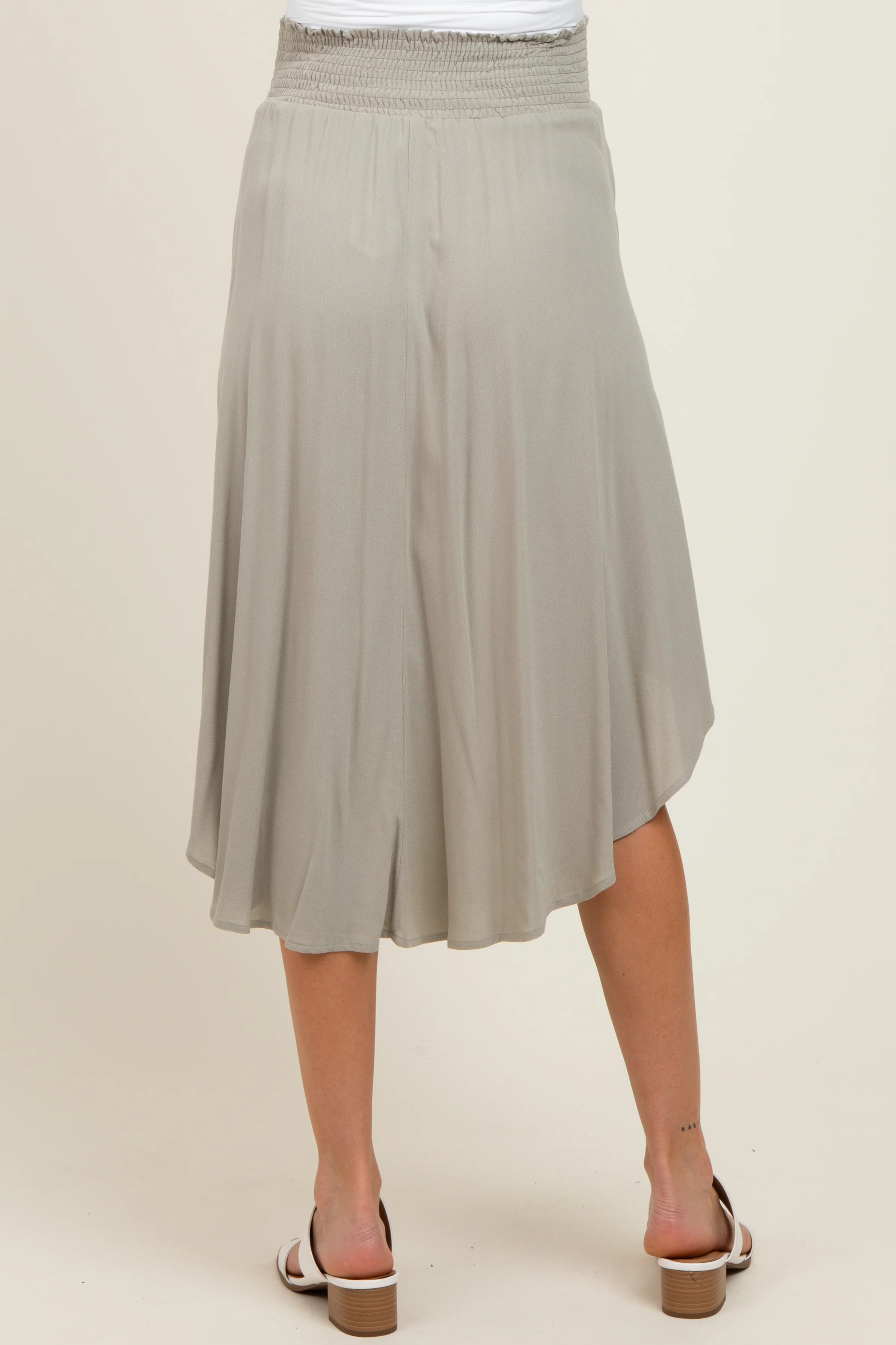 Light Olive Smocked Waist Rounded Hem Maternity Midi Skirt - Image 5