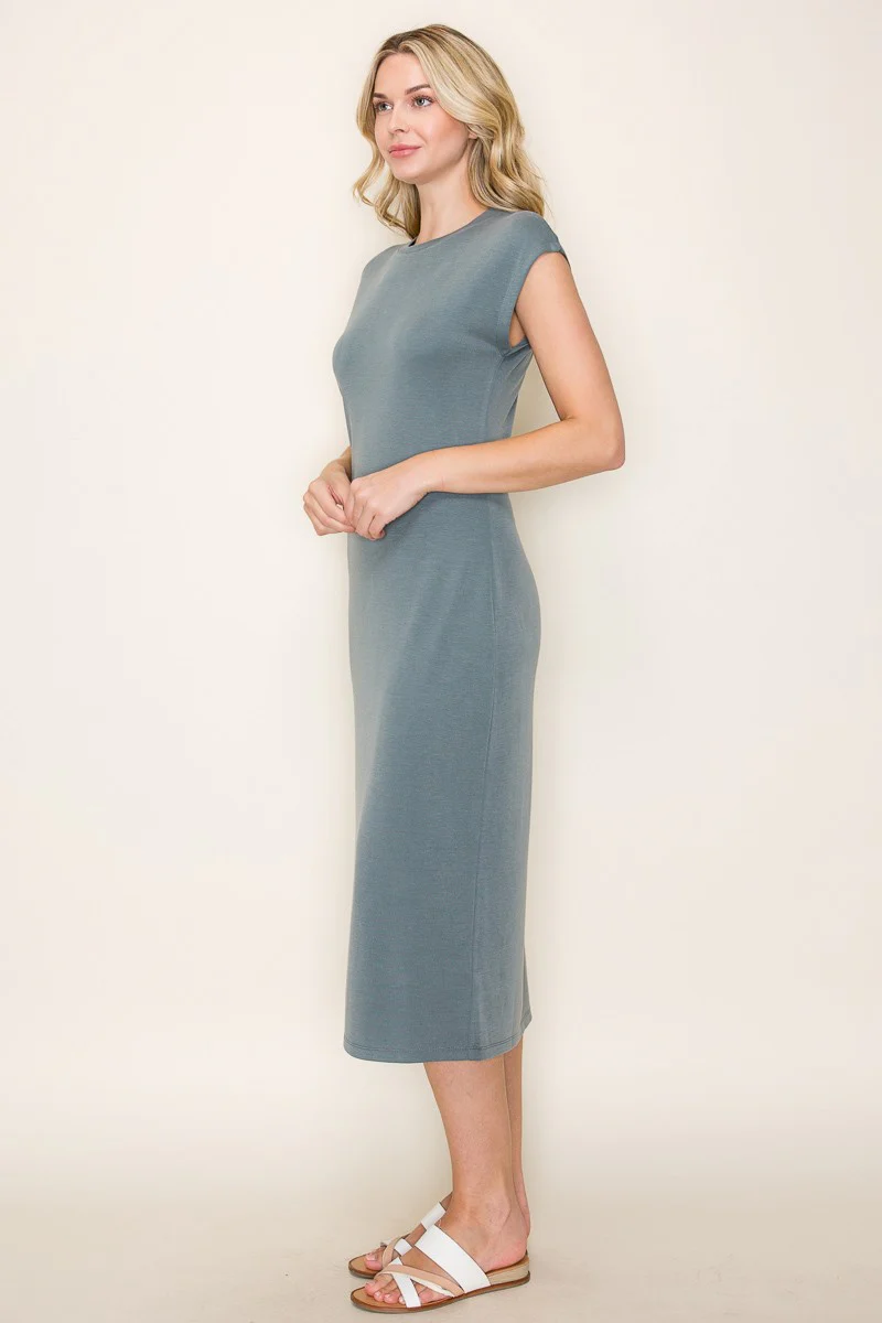 Light Olive Solid Short Sleeve Midi Dress - Image 3