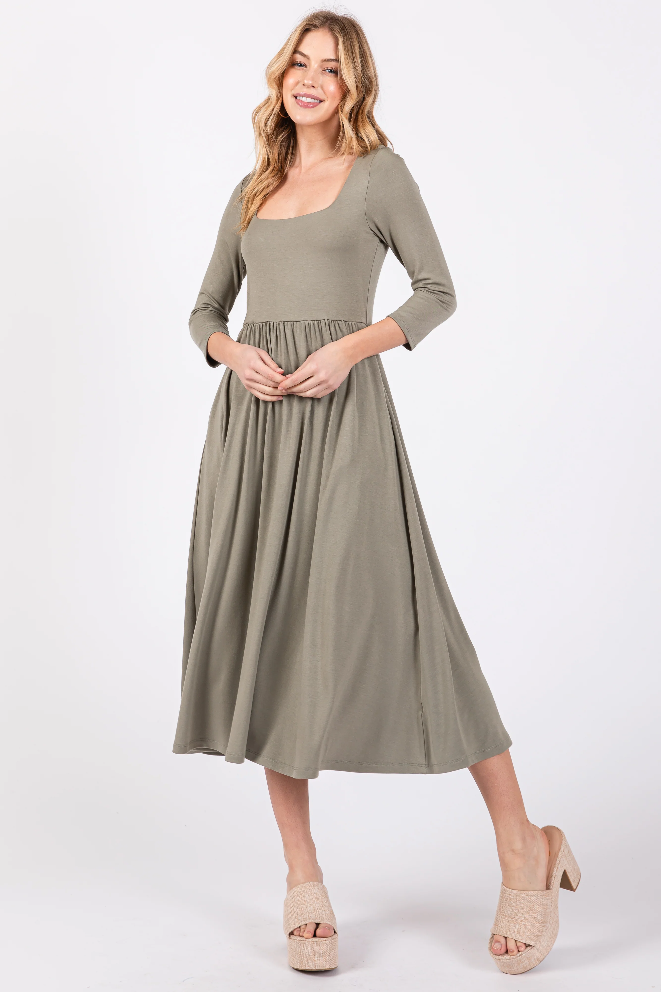Light Olive Square Neck 3/4 Sleeve Maternity Midi Dress - Image 4