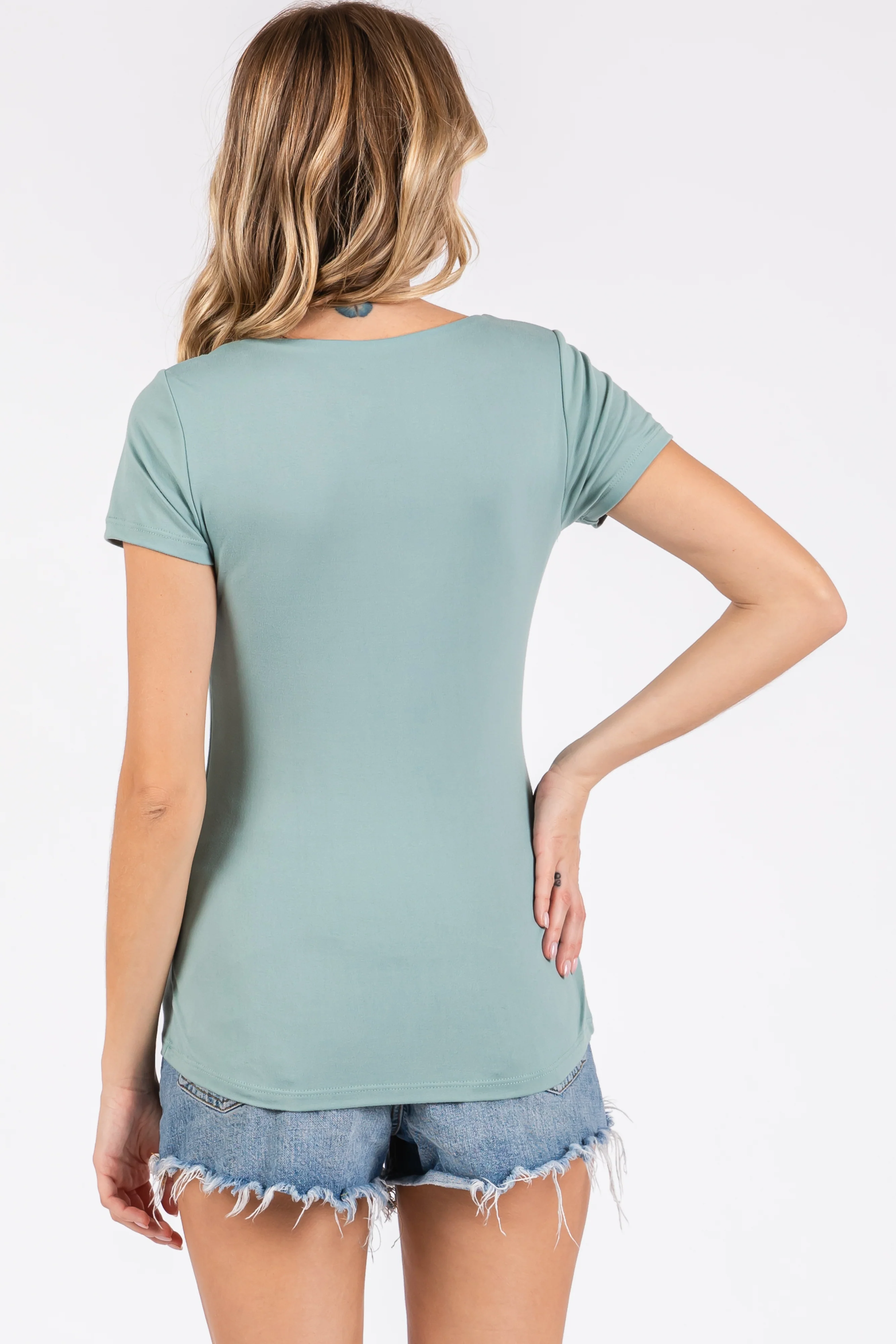 Light Olive Square Neck Short Sleeve Top - Image 3