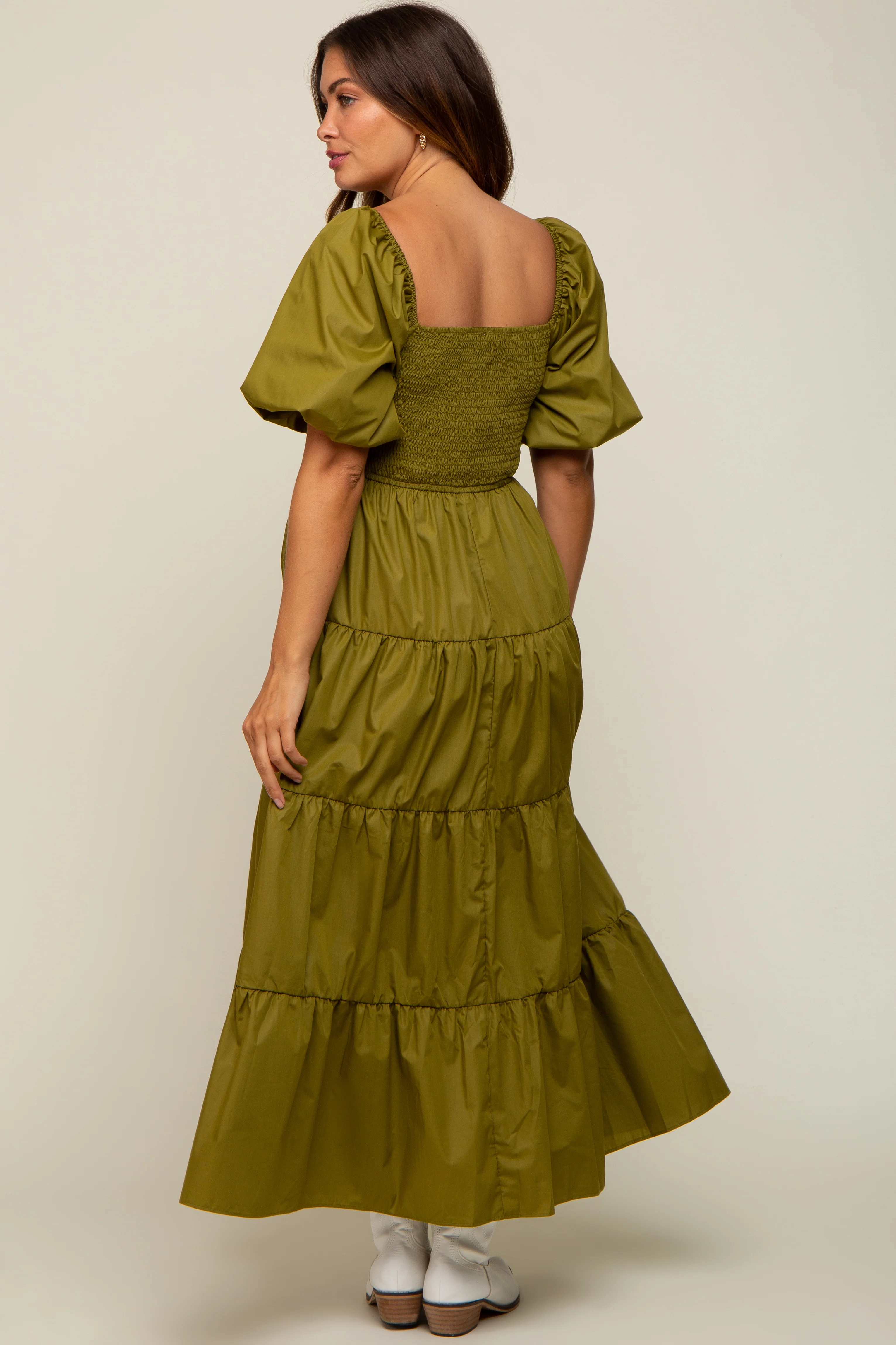 Light Olive Square Neck Smocked Puff Short Sleeve Tiered Maternity Midi Dress - Image 3