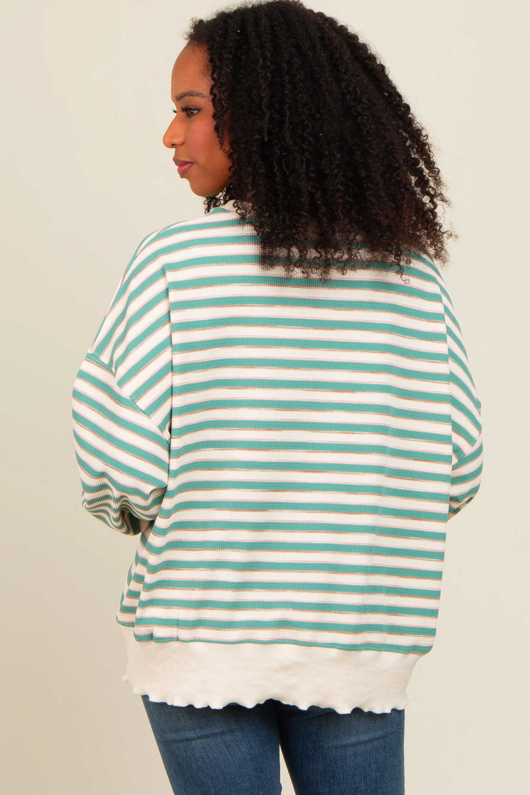 Light Olive Striped Ruffle Hem Long Sleeve Top - Image 4