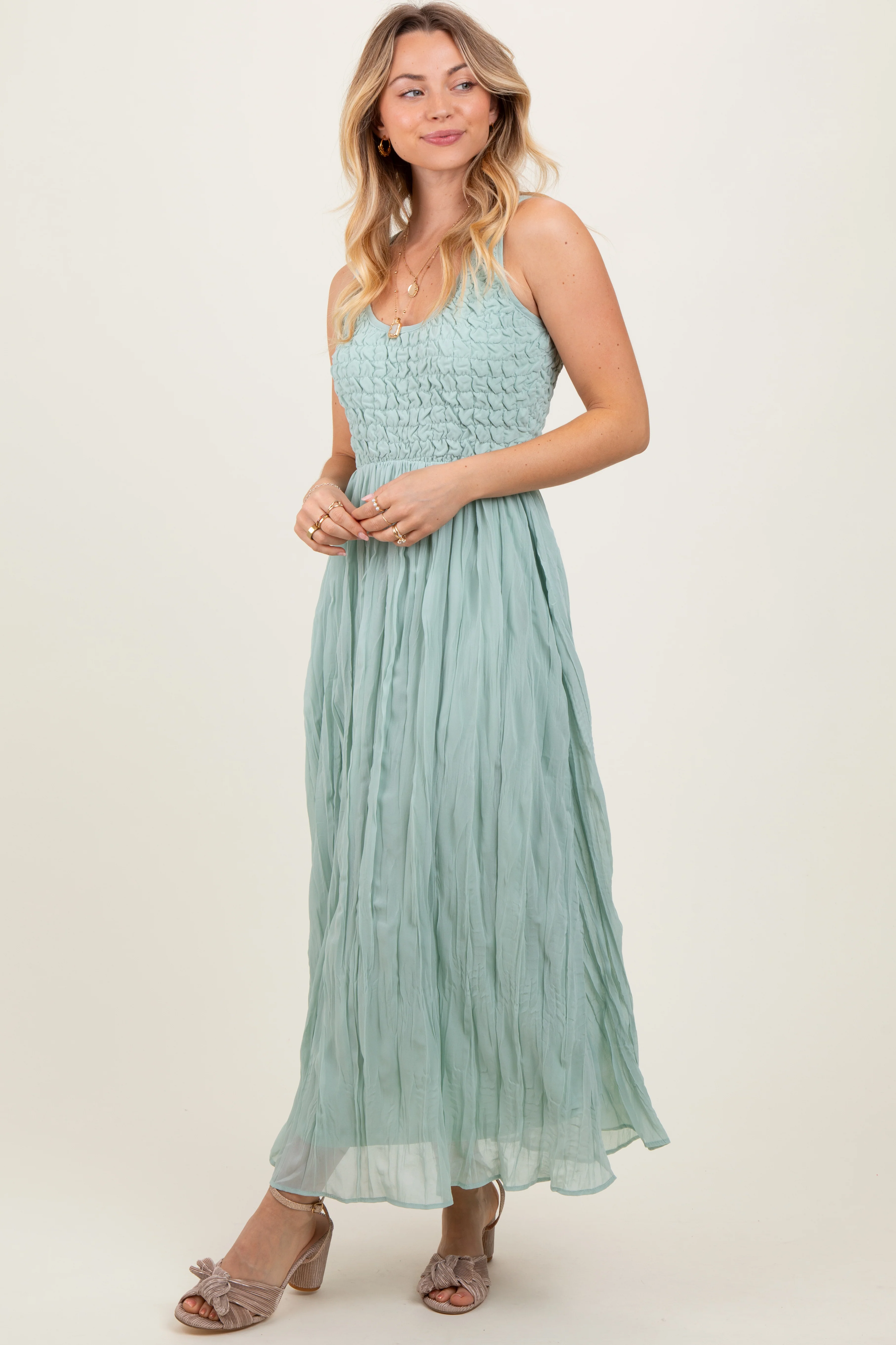 Light Olive Textured Smocked Bodice Sleeveless Maxi Dress - Image 3