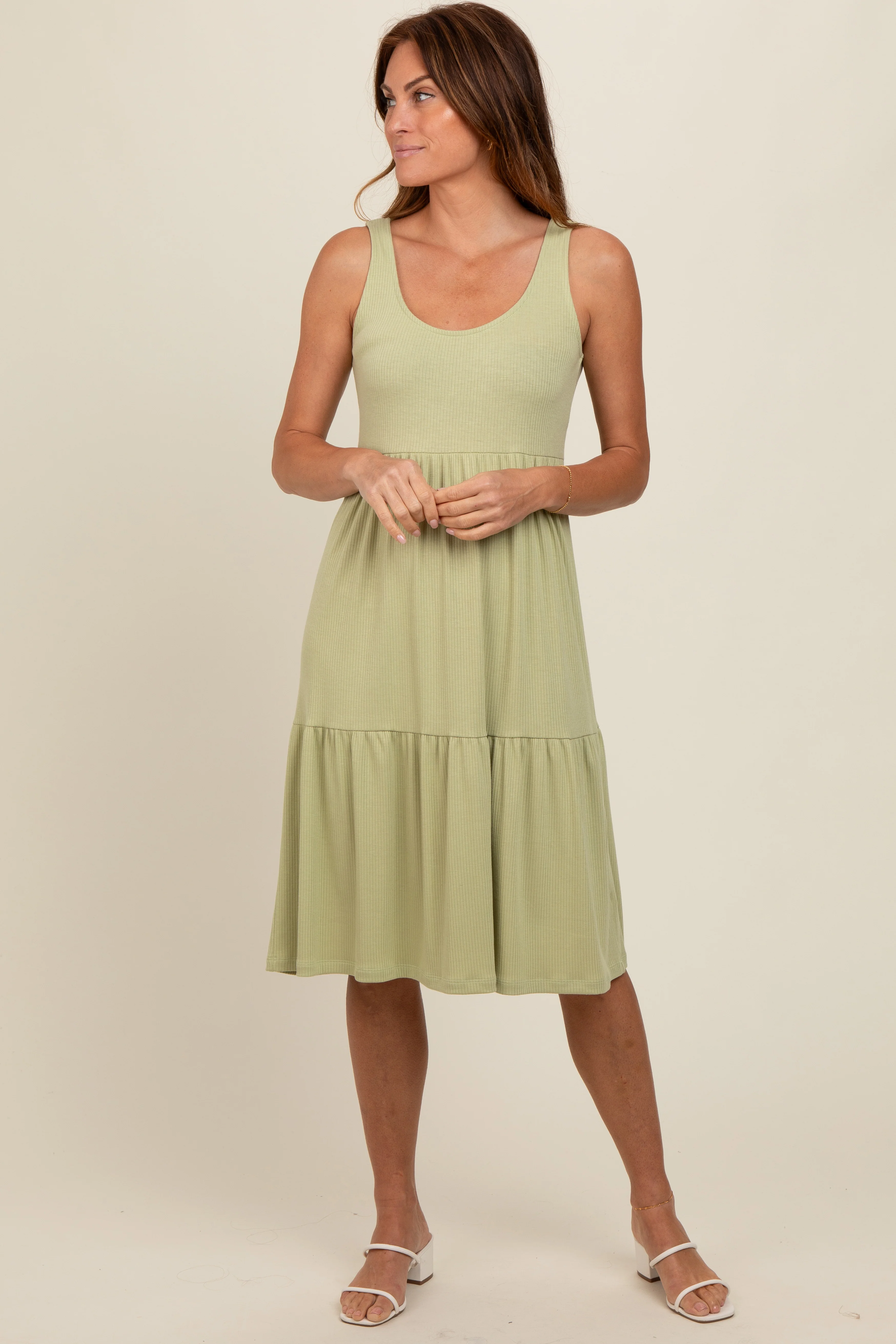Light Olive Tiered Sleeveless Maternity Midi Dress - Image 6