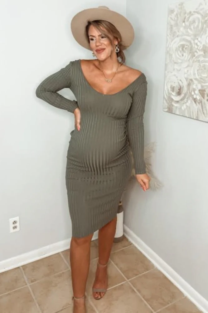 Light Olive V-Neck Long Sleeve Fitted Maternity Maxi Dress - Image 6
