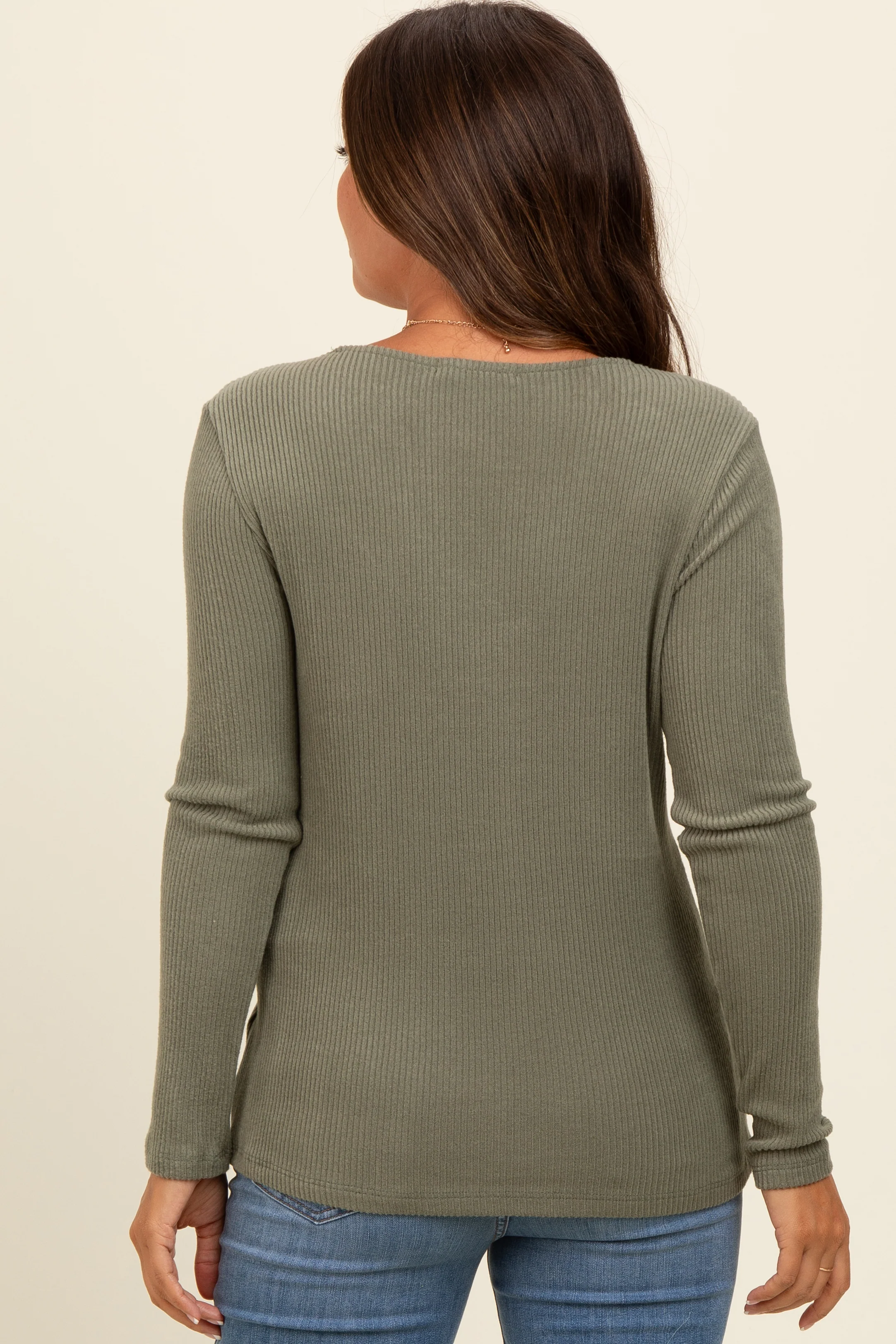 Light Olive V-Neck Long Sleeve Maternity Top - Image 4