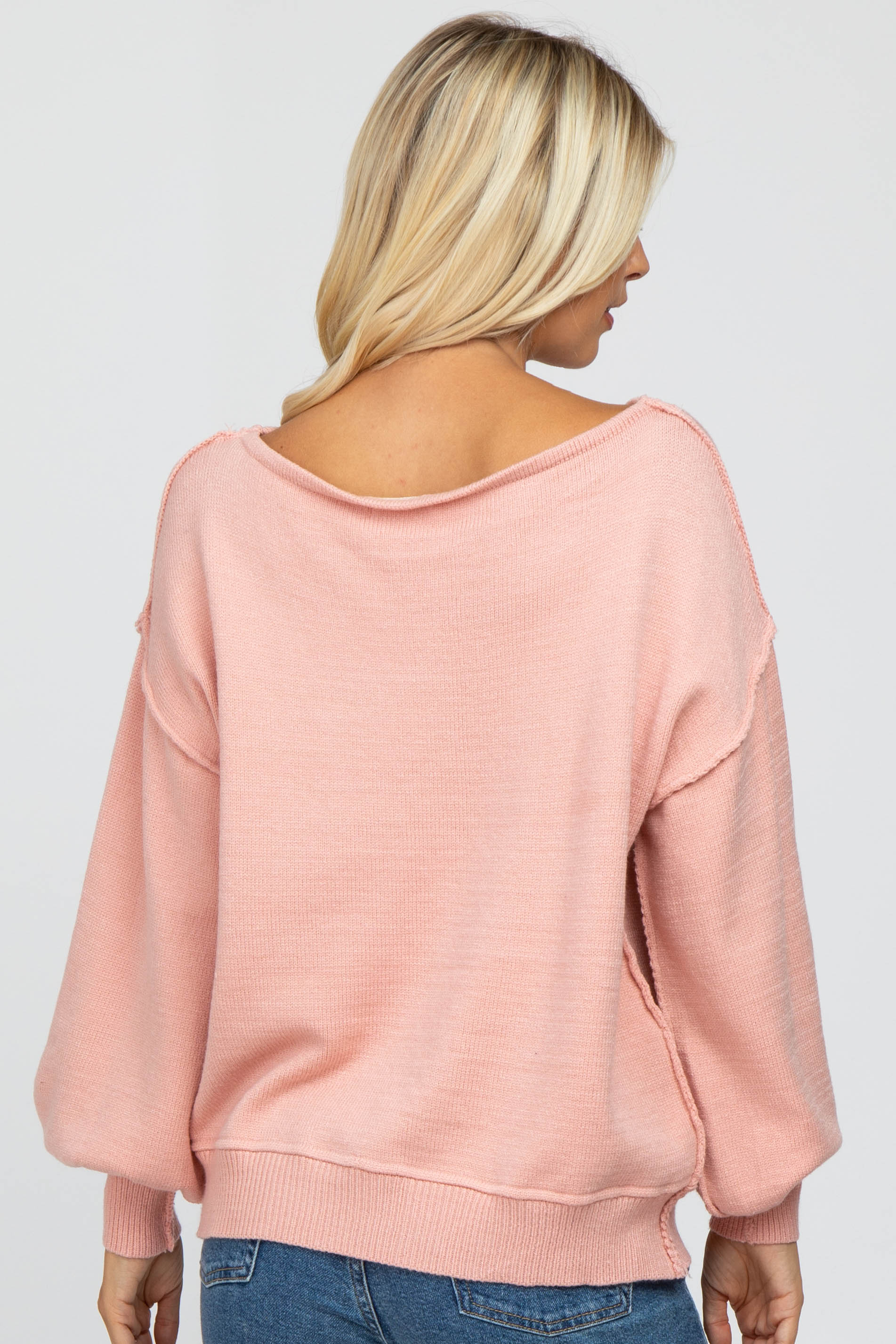Light Pink Boat Neck Bubble Sleeve Sweater - Image 3