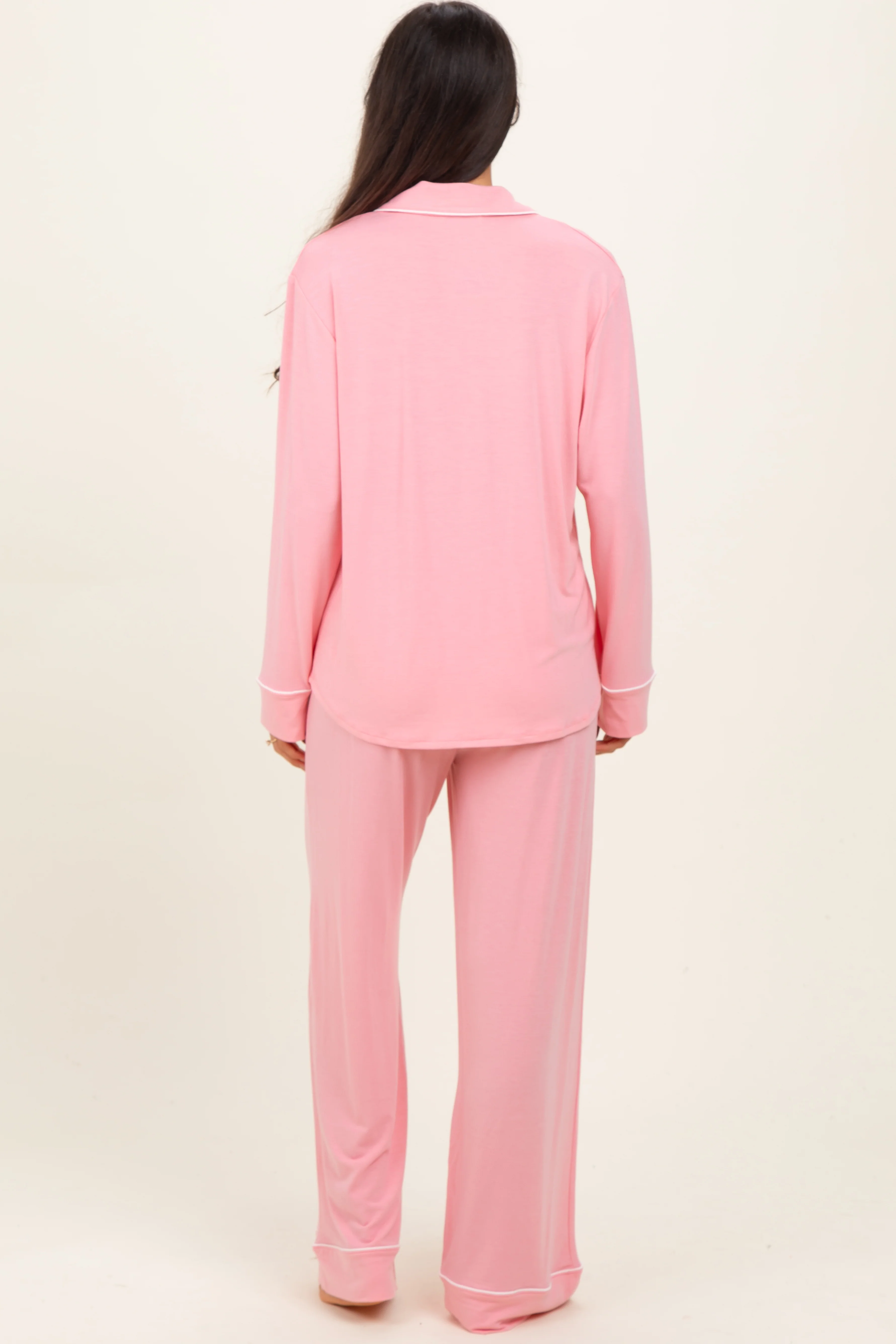 Light Pink Button Down Top Wide Leg Pant Pajama Set - Image 4