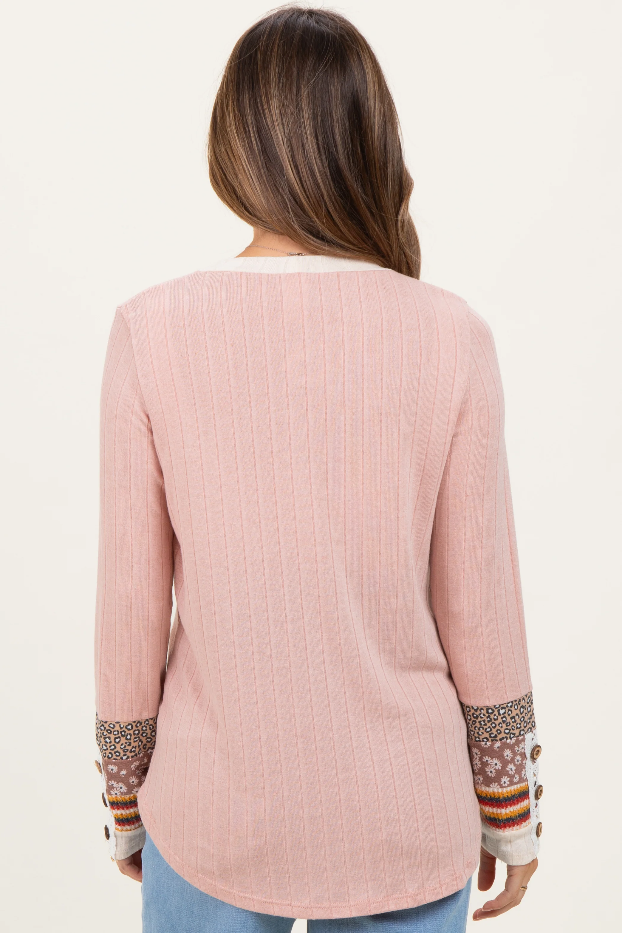 Light Pink Colorblock Print Detail Long Sleeve Maternity Top - Image 3