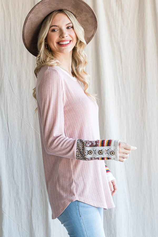 Light Pink Colorblock Print Detail Long Sleeve Top - Image 3