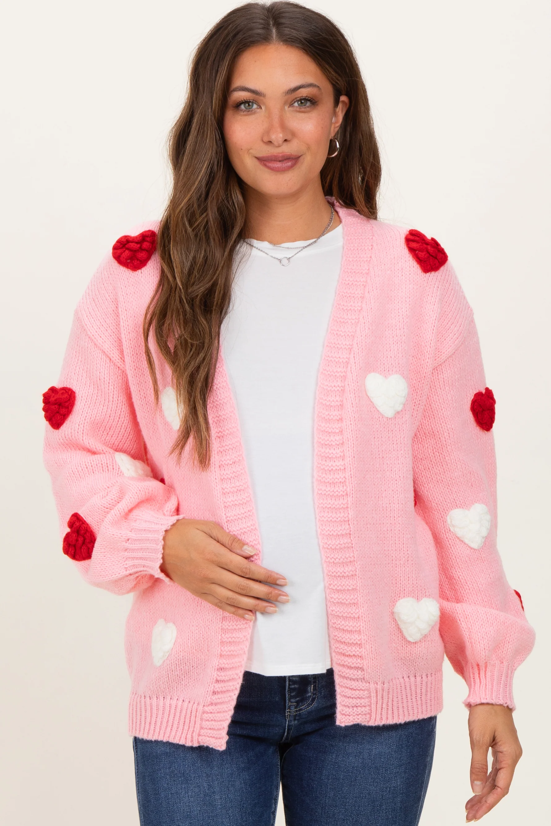 Light Pink Crochet Heart Patch Maternity Cardigan - Image 2