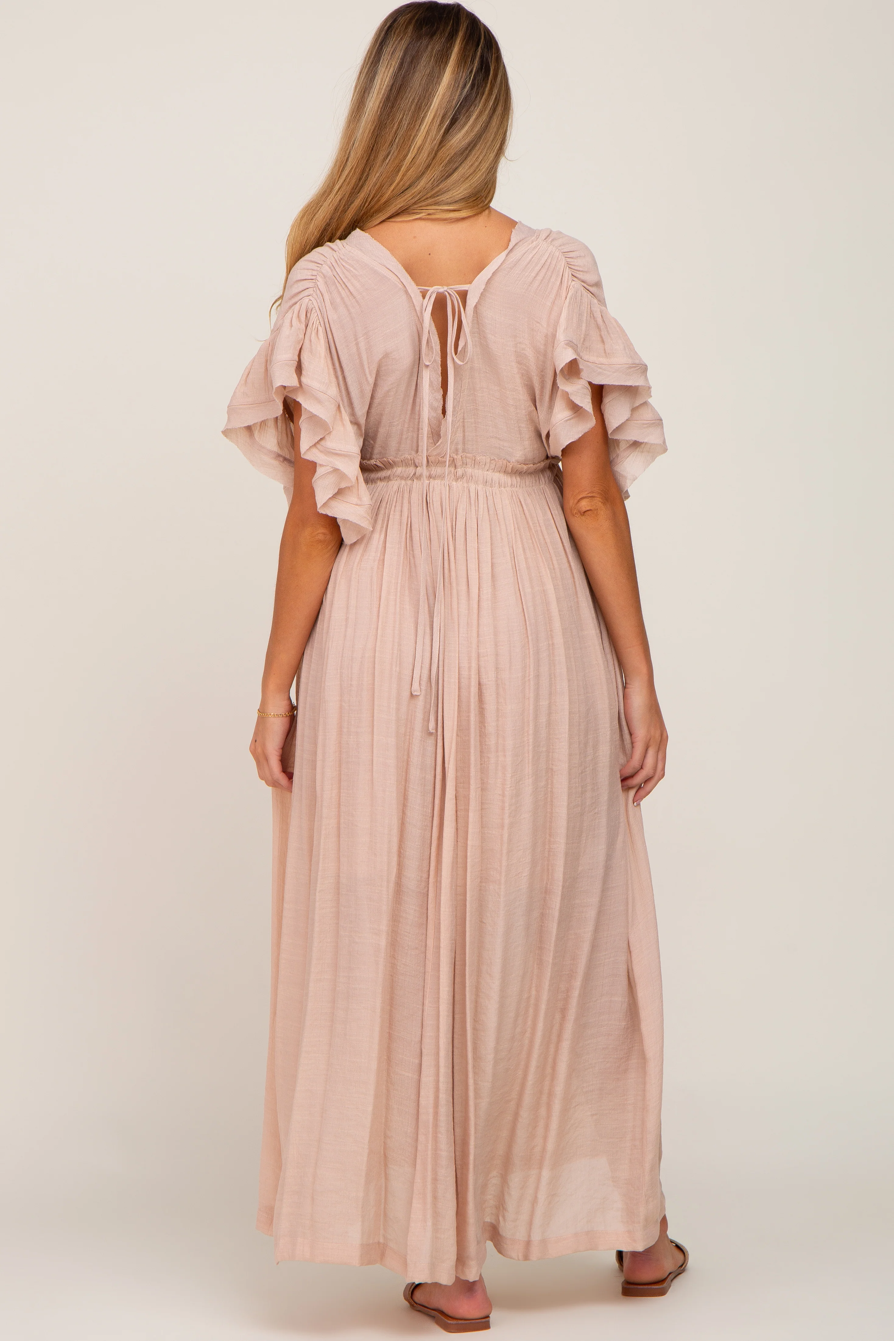 Light Pink Deep V-Neck Button Down Maternity Maxi Dress - Image 3