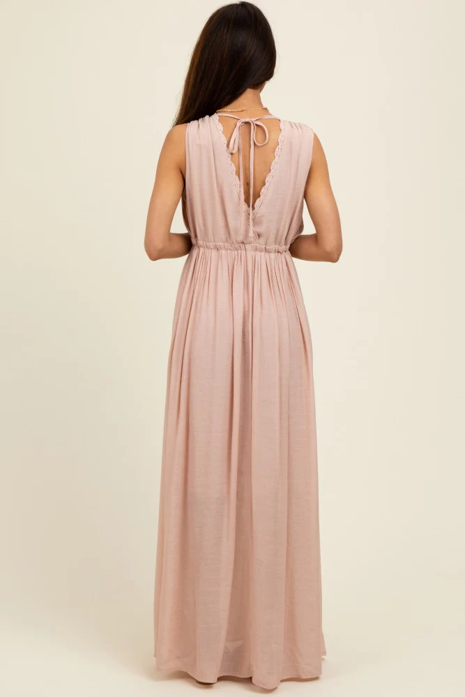 Light Pink Deep V-Neck Sleeveless Button Down Maxi Dress - Image 3