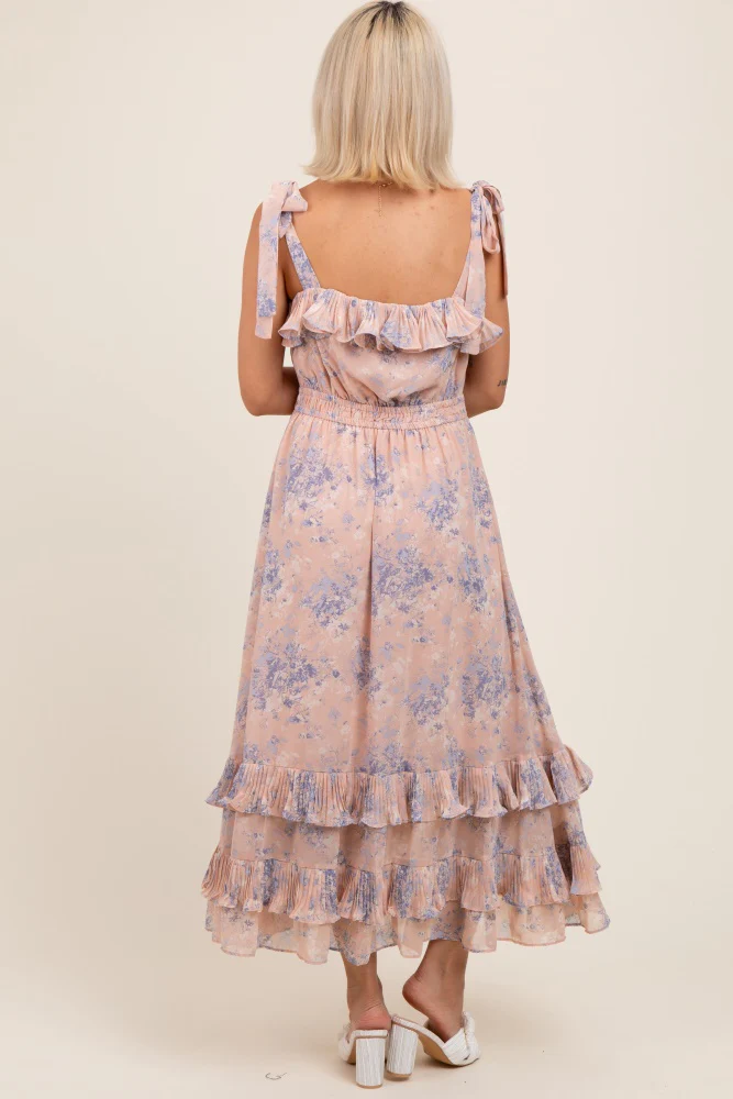 Light Pink Floral Chiffon Pleated Ruffle Maternity Midi Dress - Image 3