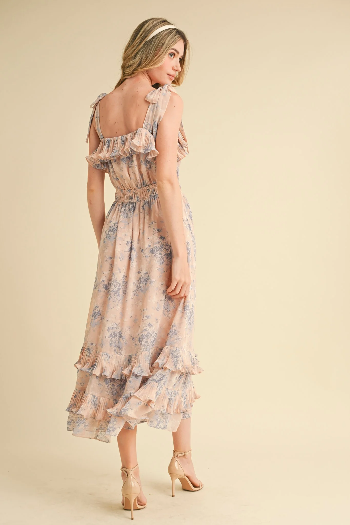 Light Pink Floral Chiffon Pleated Ruffle Midi Dress - Image 4
