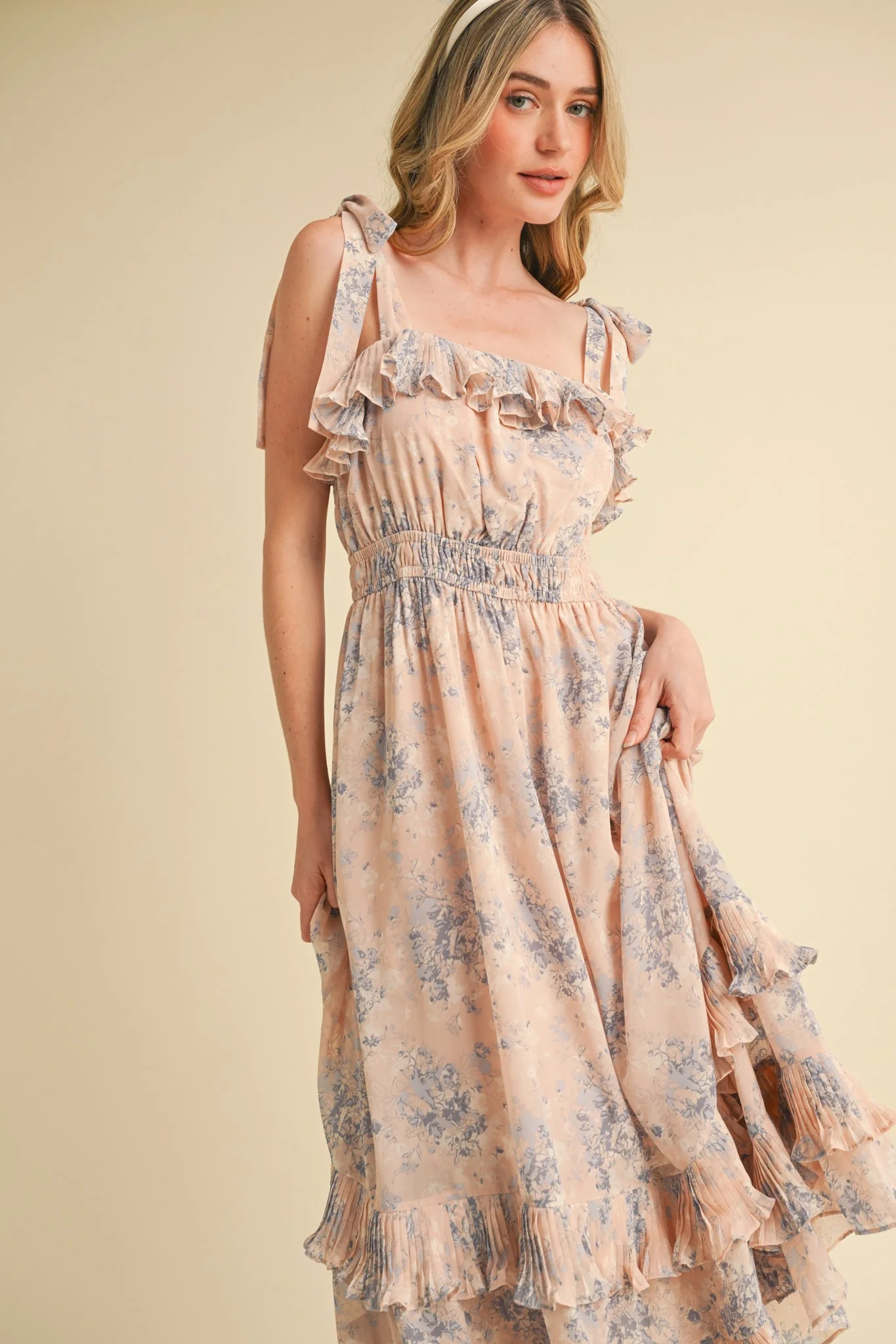 Light Pink Floral Chiffon Pleated Ruffle Midi Dress - Image 6
