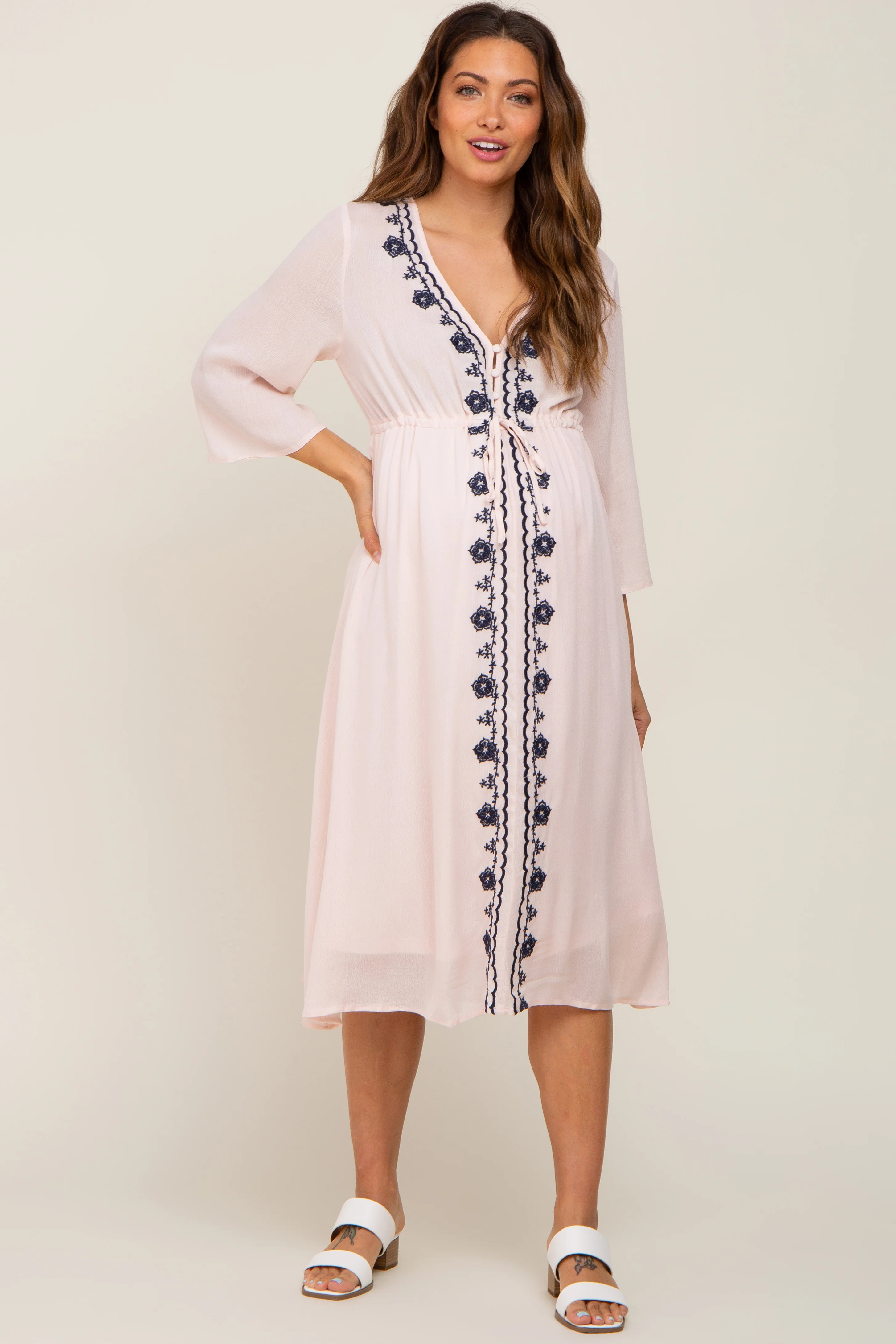 Light Pink Floral Embroidered 3/4 Sleeve Maternity Midi Dress - Image 4