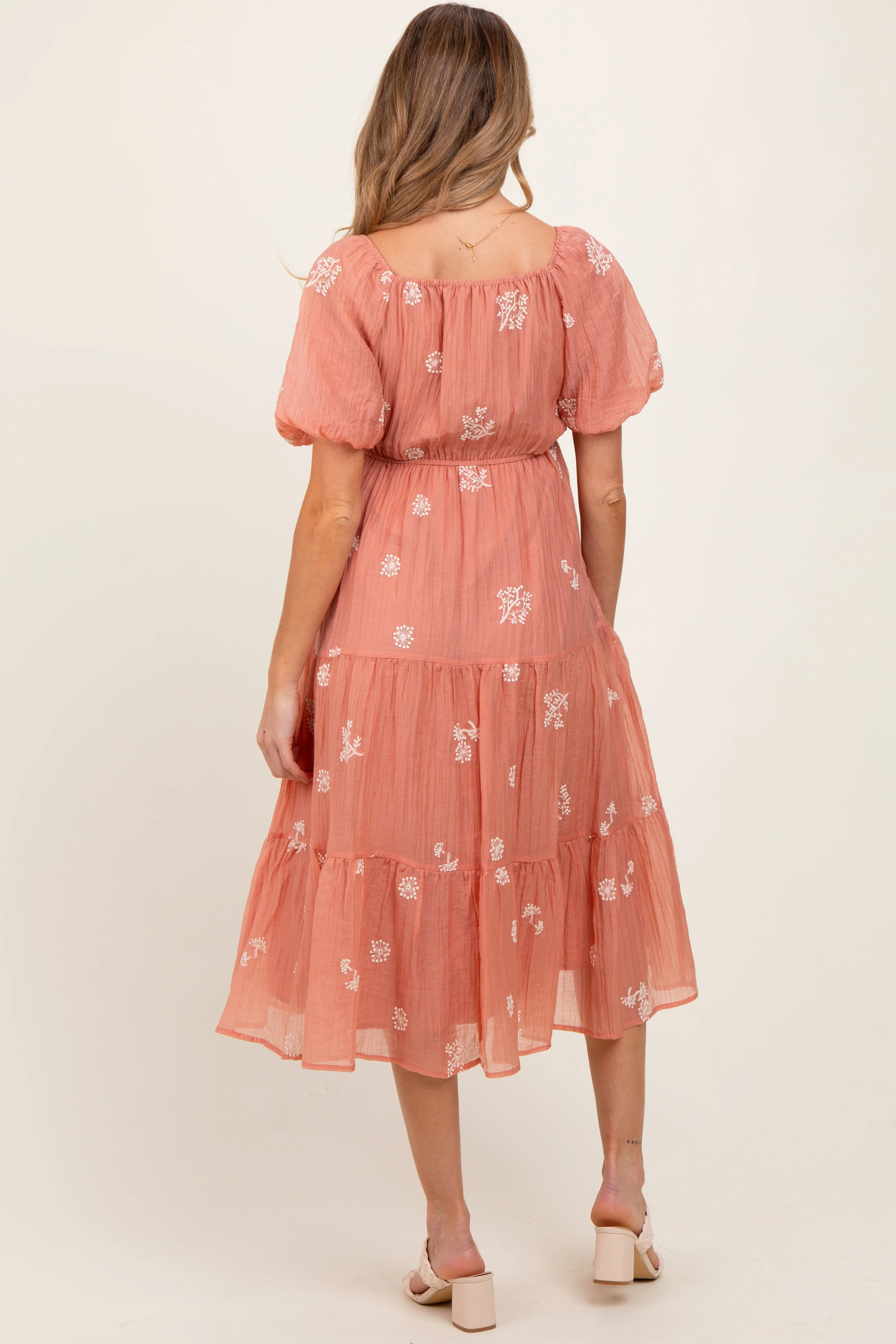 Light Pink Floral Embroidered Tiered Maternity Midi Dress - Image 3