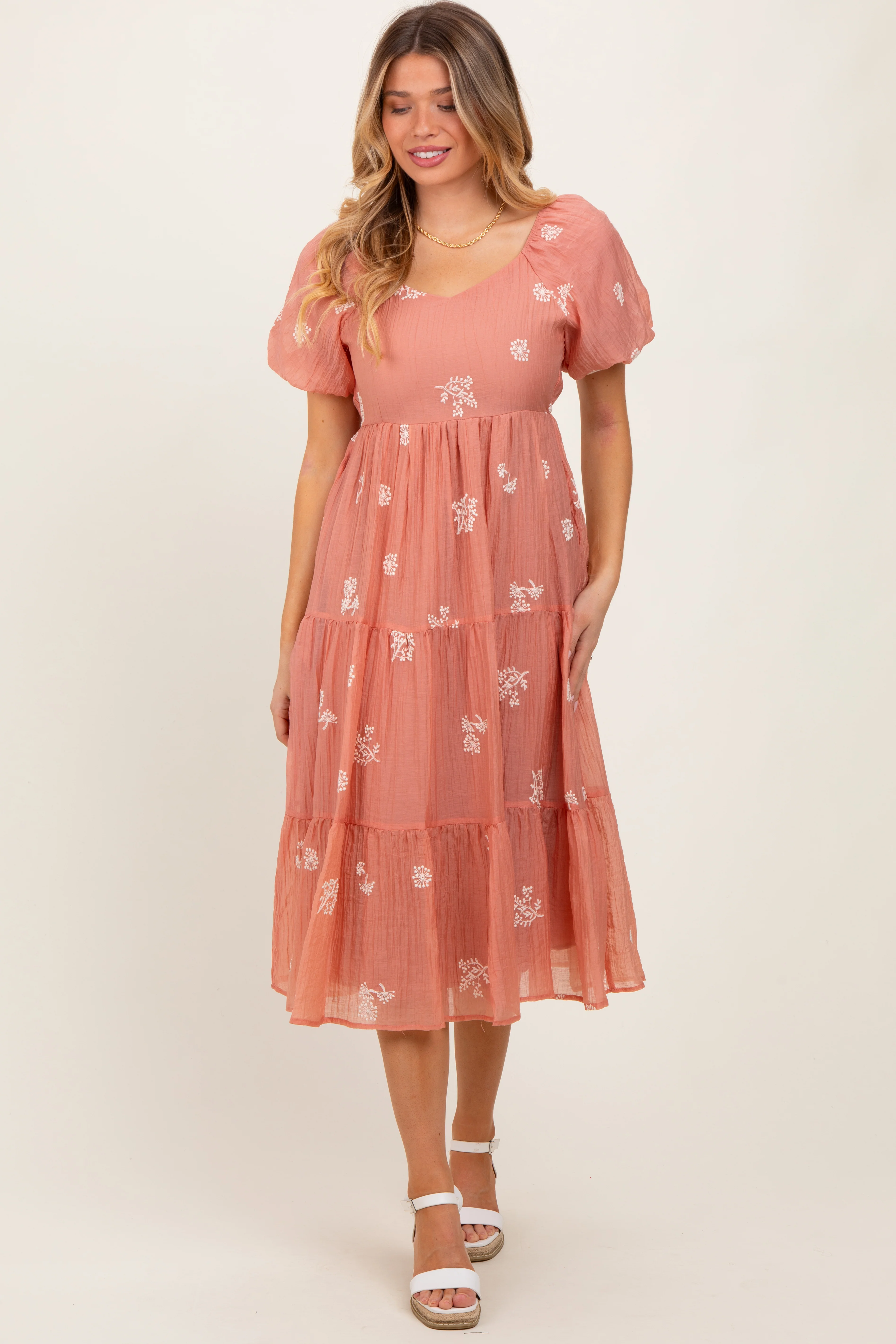 Light Pink Floral Embroidered Tiered Maternity Midi Dress - Image 4