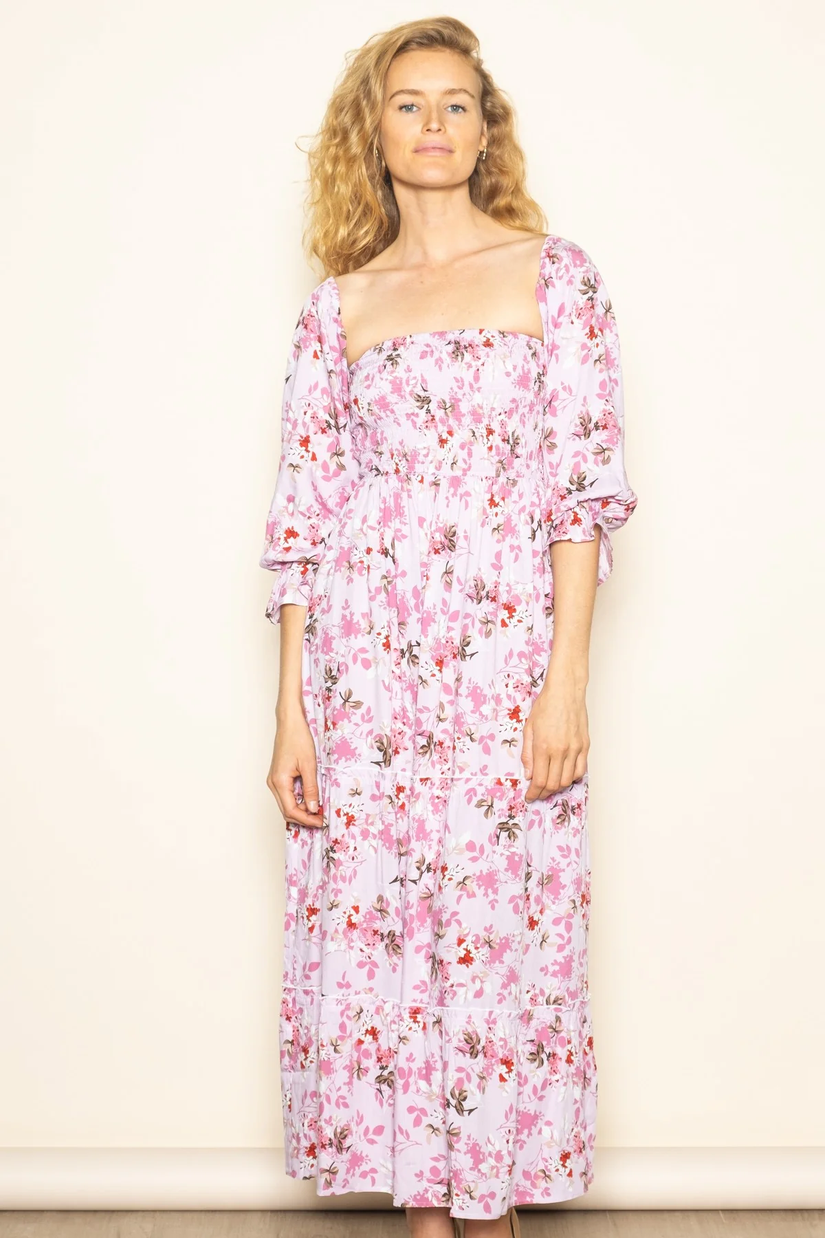 Light Pink Floral Off Shoulder Long Sleeve Maternity Maxi Dress - Image 5