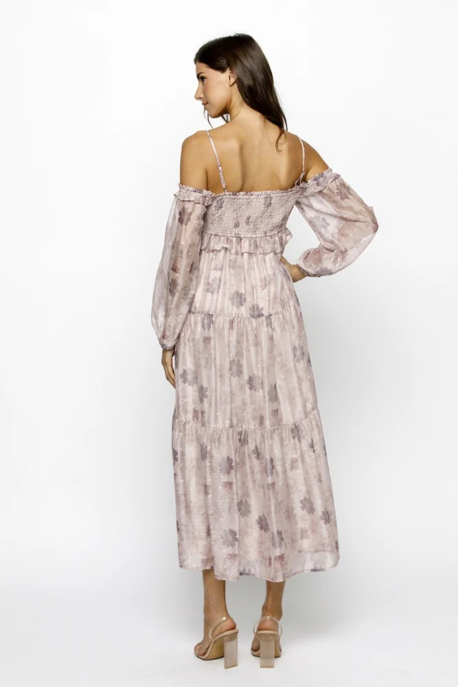 Light Pink Floral Off Shoulder Long Sleeve Tiered Maxi Dress - Image 4