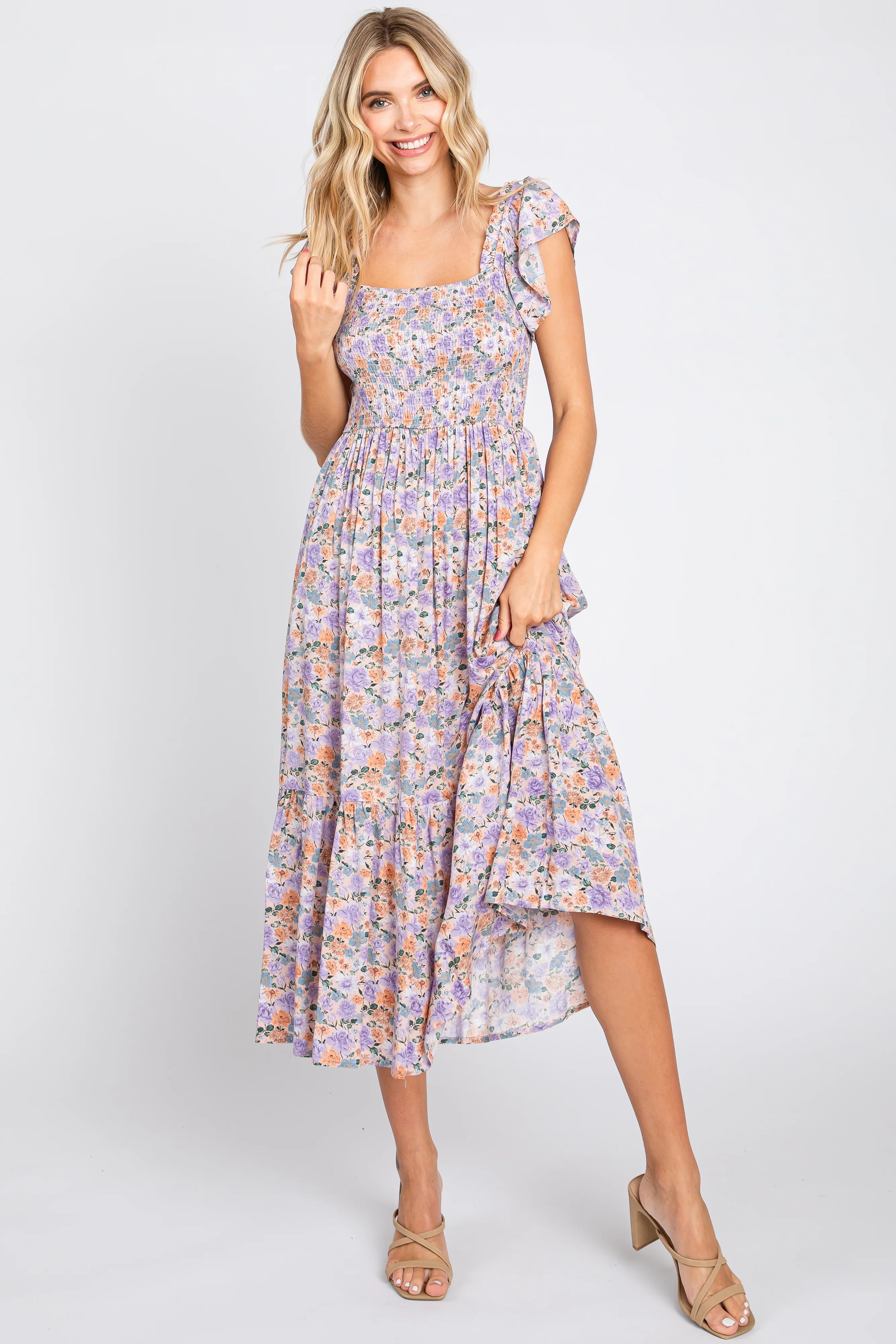 Light Pink Floral Off Shoulder Smocked Maternity Midi Dress - Image 5