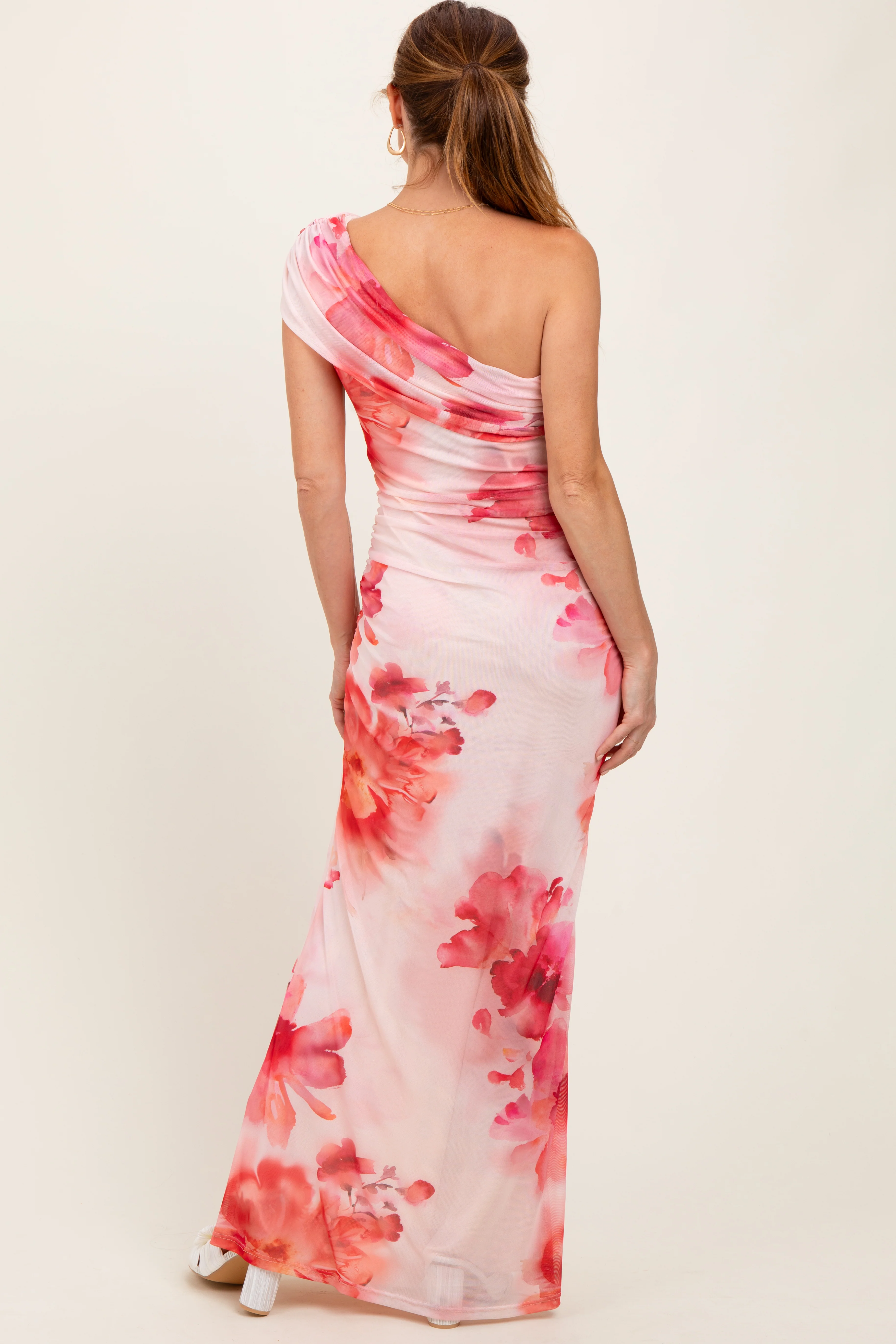 Light Pink Floral One Shoulder Ruched Maxi Dress - Image 4