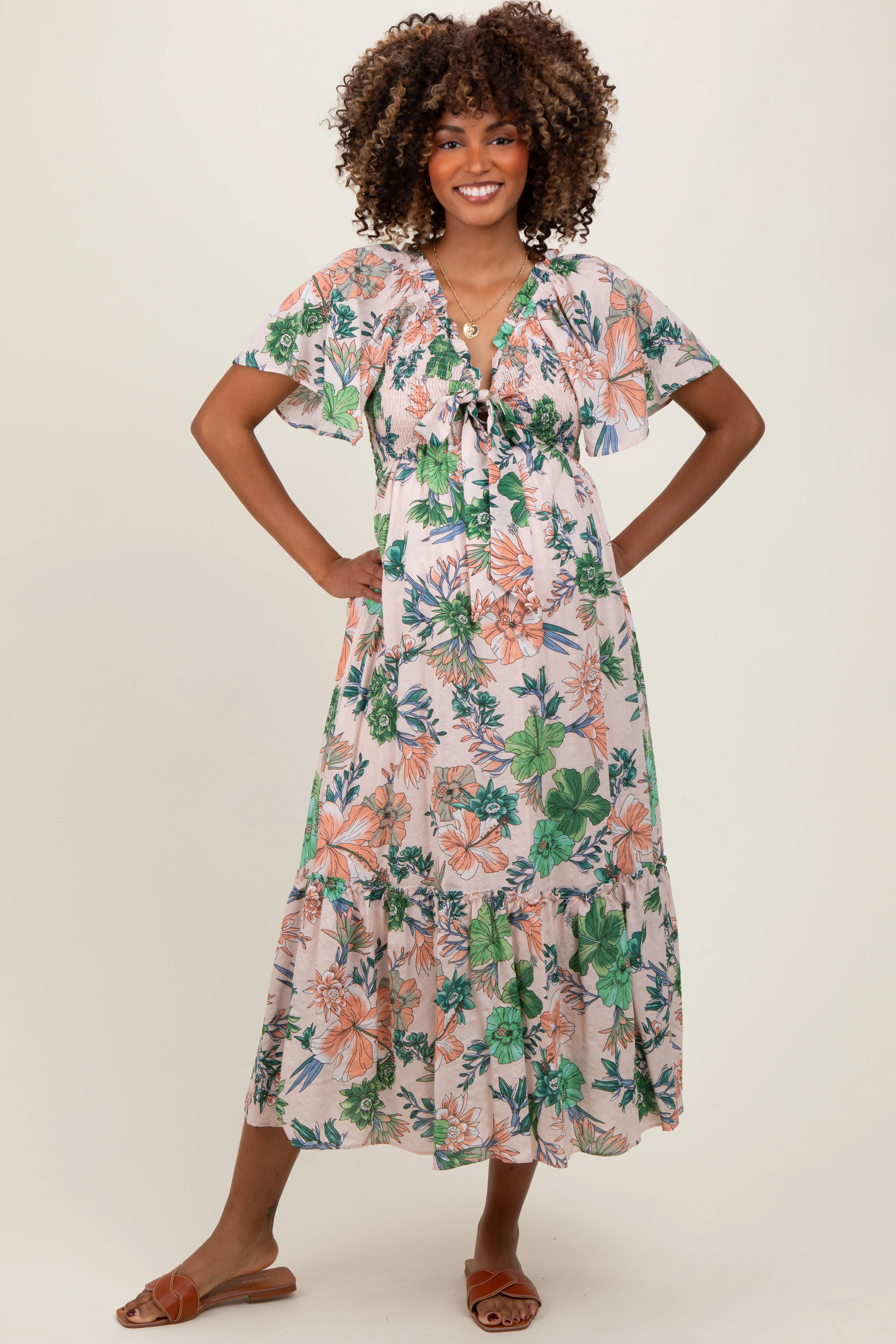 Light Pink Floral Print Woven Maternity Midi Dress - Image 2