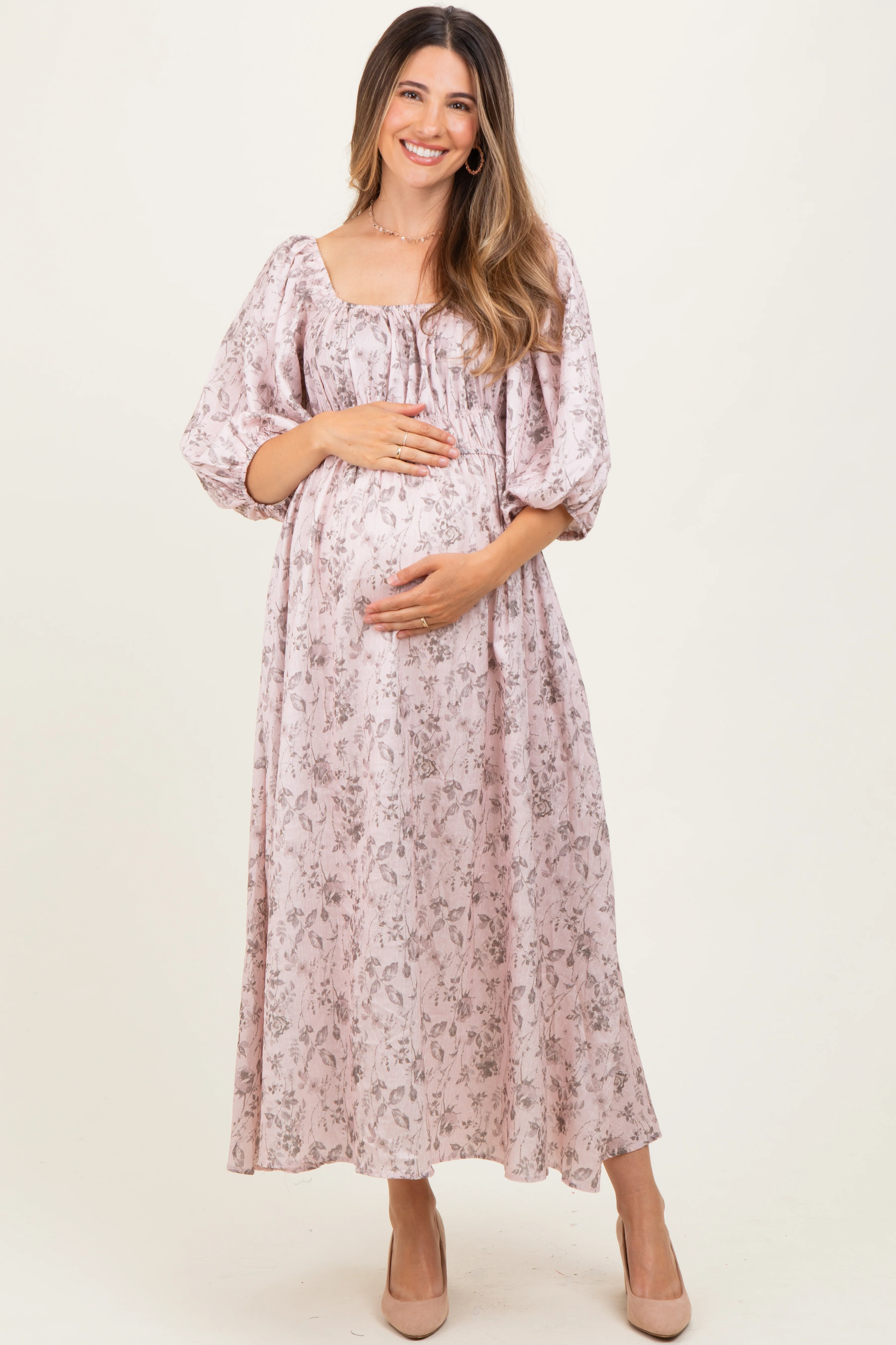 Light Pink Floral Puff Sleeve Smocked Waist Maternity Midi Dress - Image 2