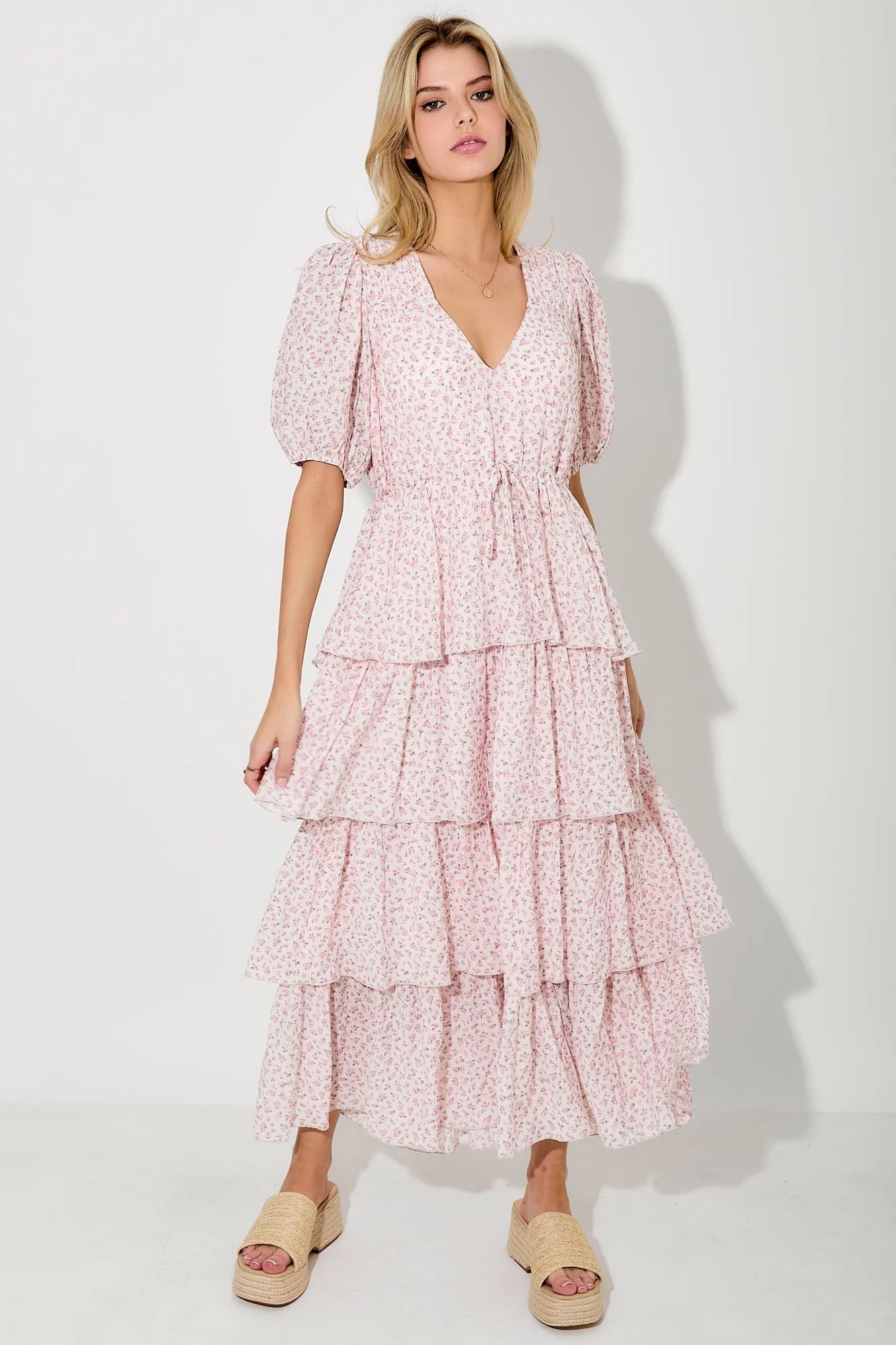 Light Pink Floral Ruffle Tiered Maternity Maxi Dress - Image 6