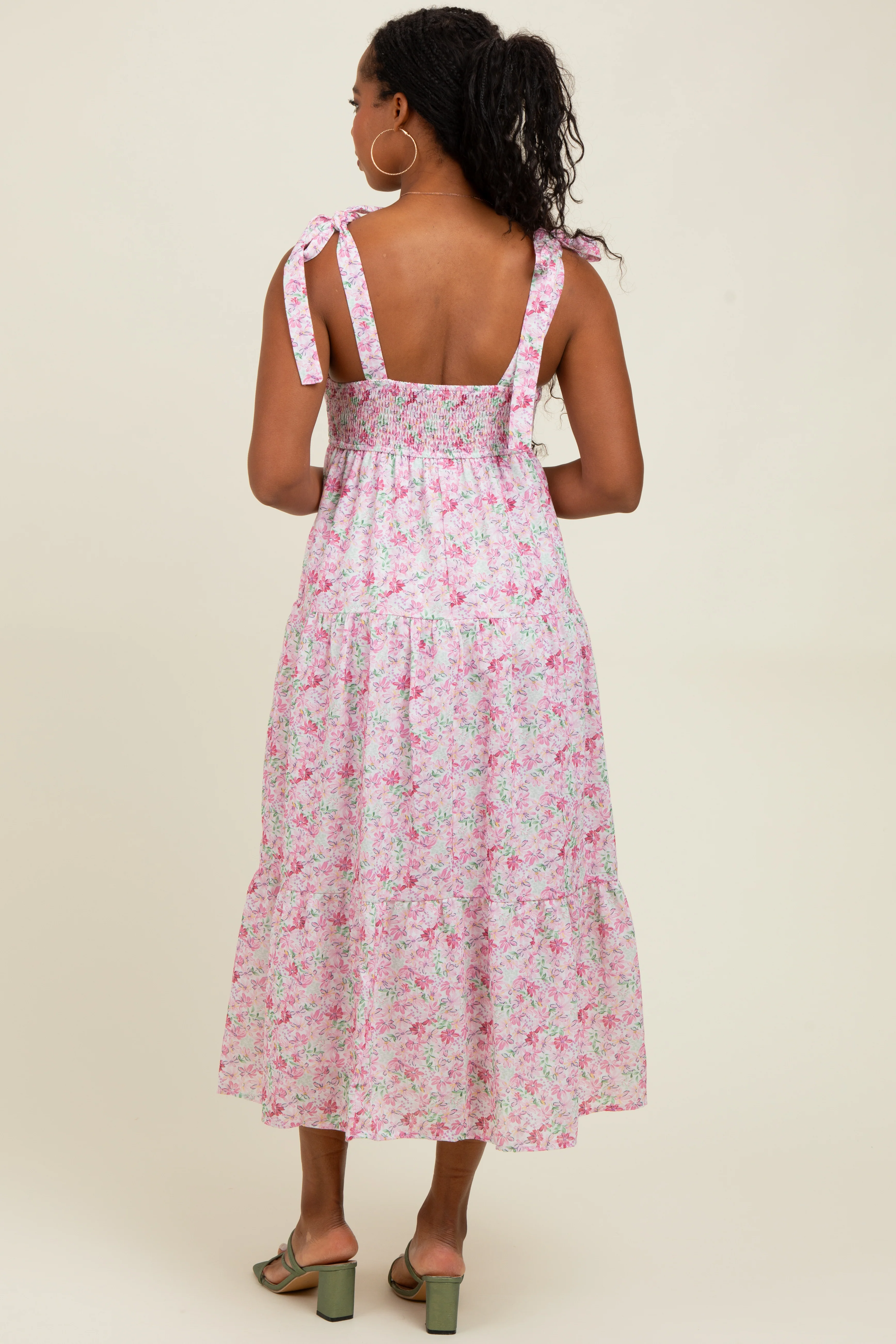 Light Pink Floral Shoulder Tie Midi Dress - Image 4
