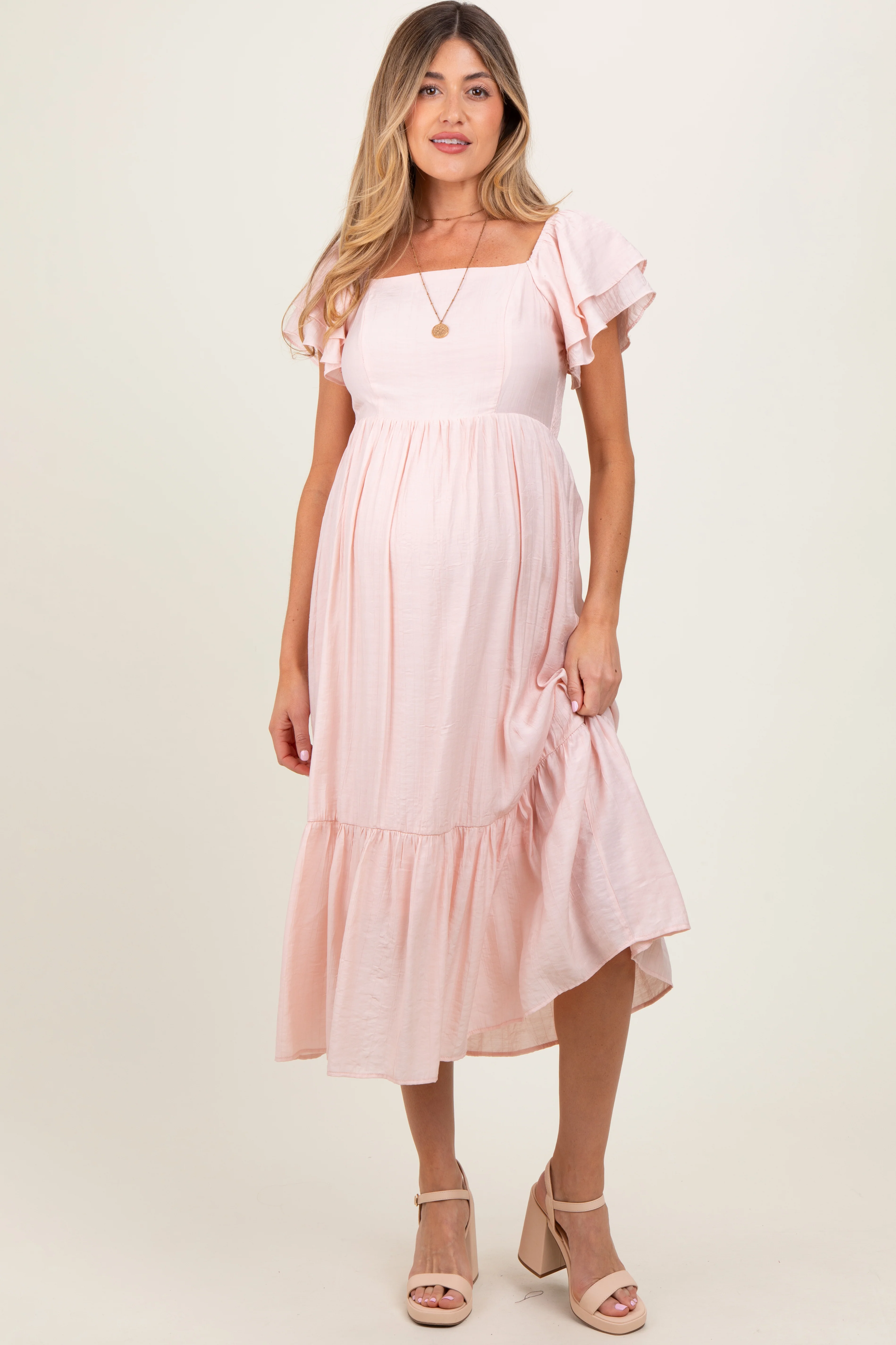Light Pink Flutter Sleeve Maternity Midi Dress - Image 2