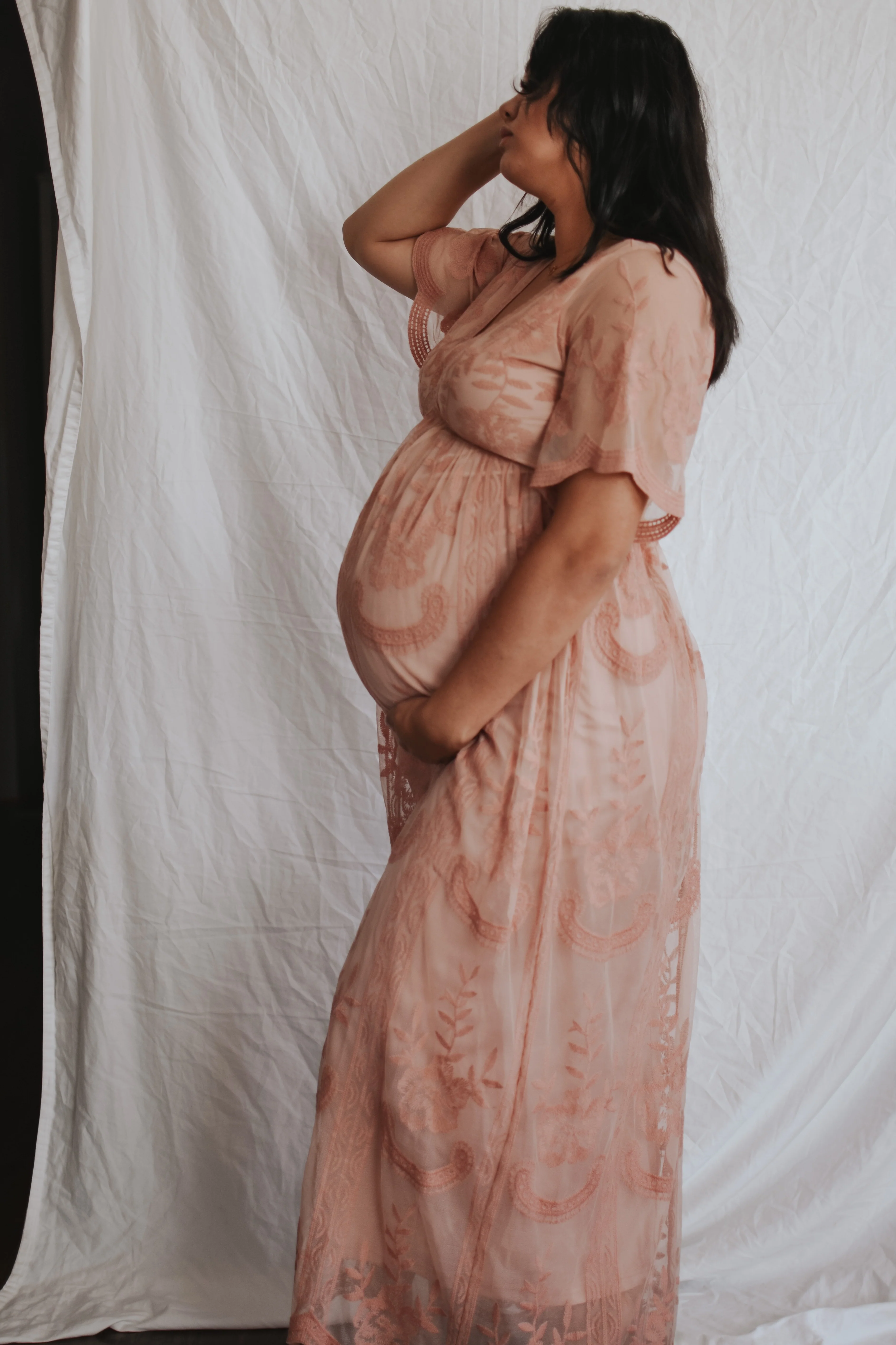 Light Pink Lace Mesh Overlay Maternity Maxi Dress - Image 7