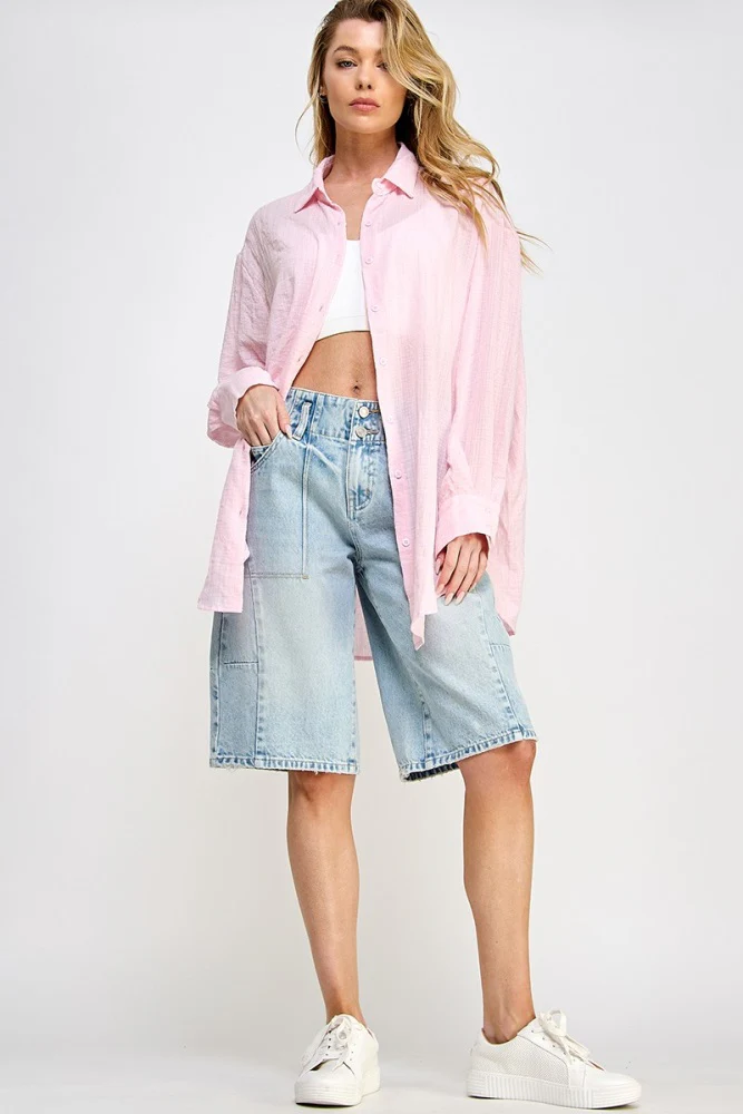 Light Pink Lightweight Sheer Button Down Blouse - Image 3